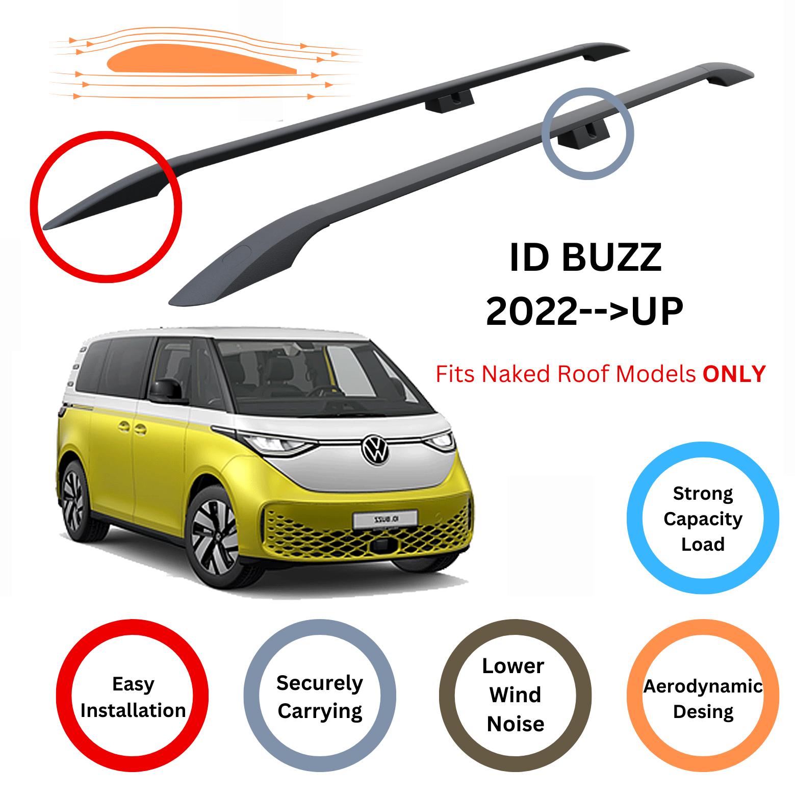 For Volkswagen ID Buzz 2022- Up  Roof Side Rails and Roof Rack Cross Bars Alu Black - 0
