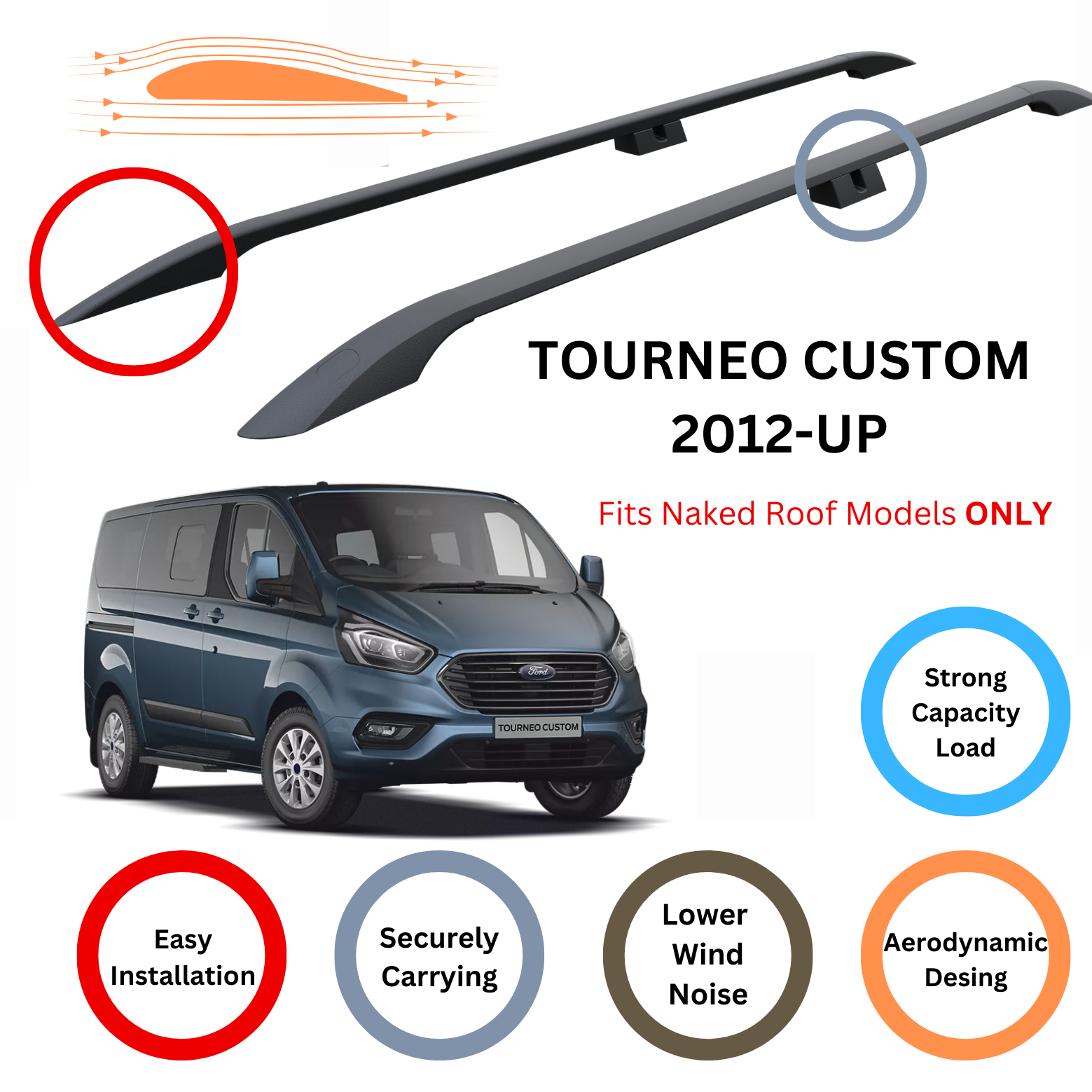 For Ford Tourneo Custom 2012-Up Roof Side Rails Ultimate Style Alu Black - 0