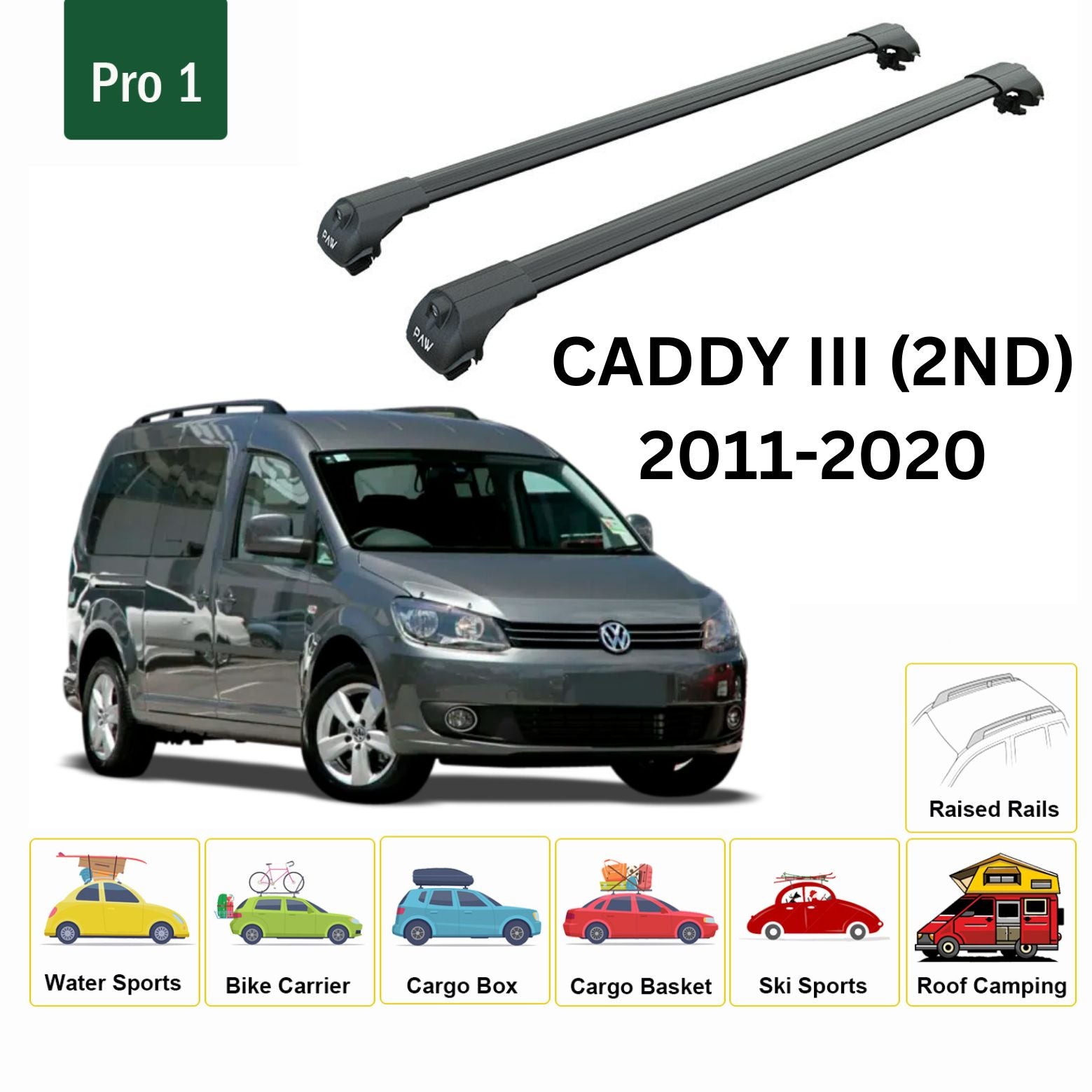 For Volkswagen Caddy III (2ND GEN) 2011-15 Roof Rack Cross Bar Metal Bracket Raised Rail Alu Black-2