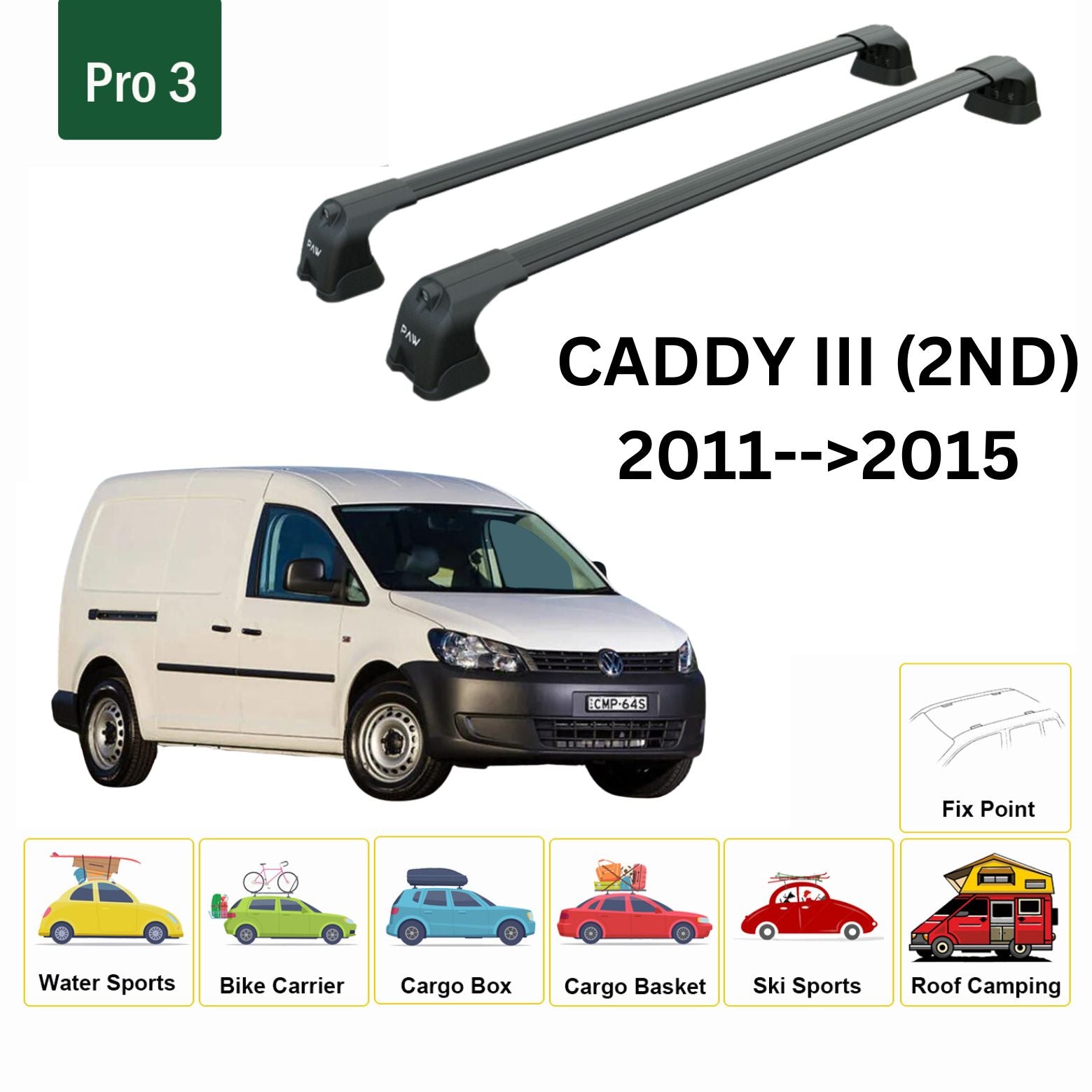 For Volkswagen Caddy III (2NDGEN) 2011-15 Roof Rack Cross Bar Metal Bracket Fix Point Alu Black-2