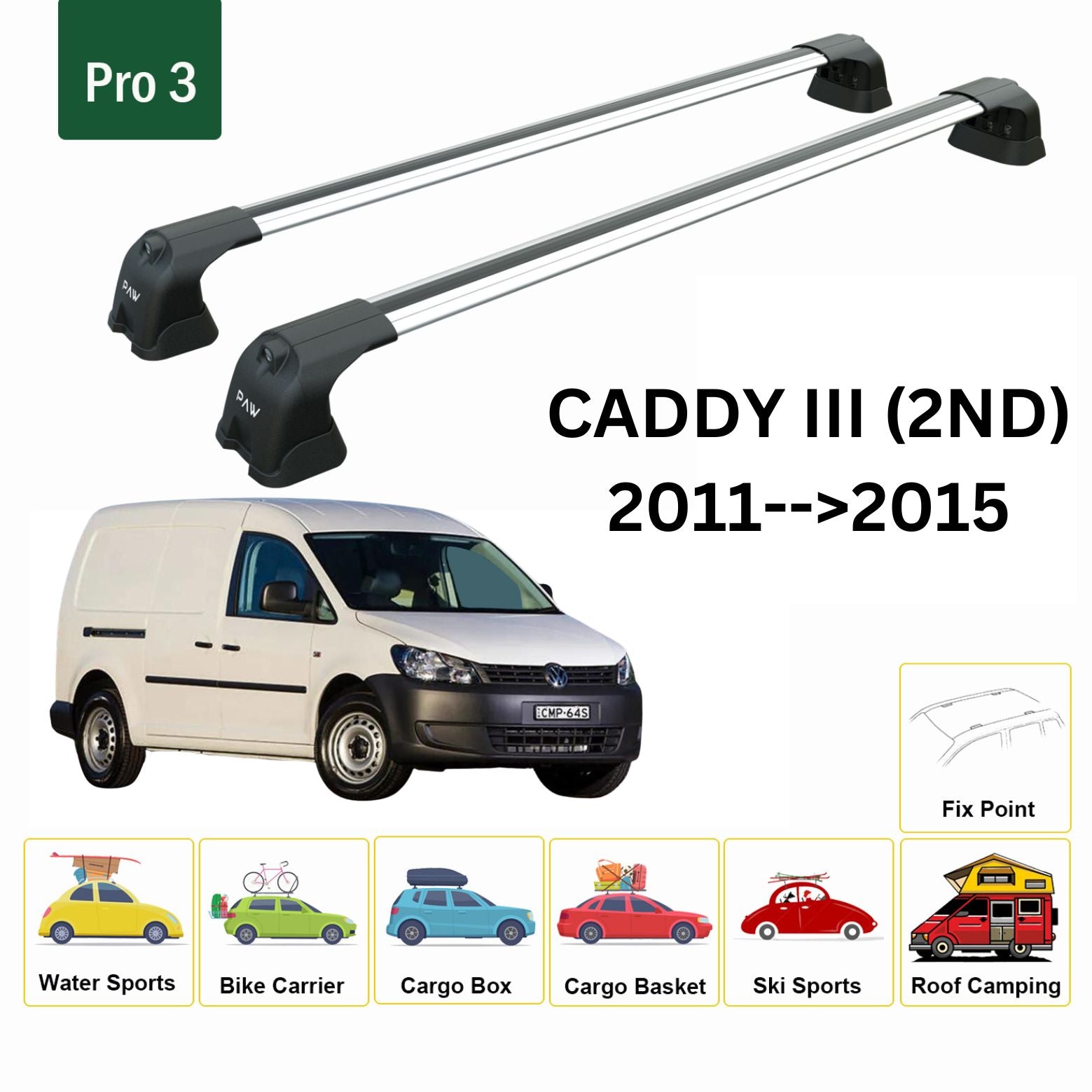 For Volkswagen Caddy III (2NDGEN) 2011-15 Roof Rack Cross Bar Fix Point Alu Silver - 0
