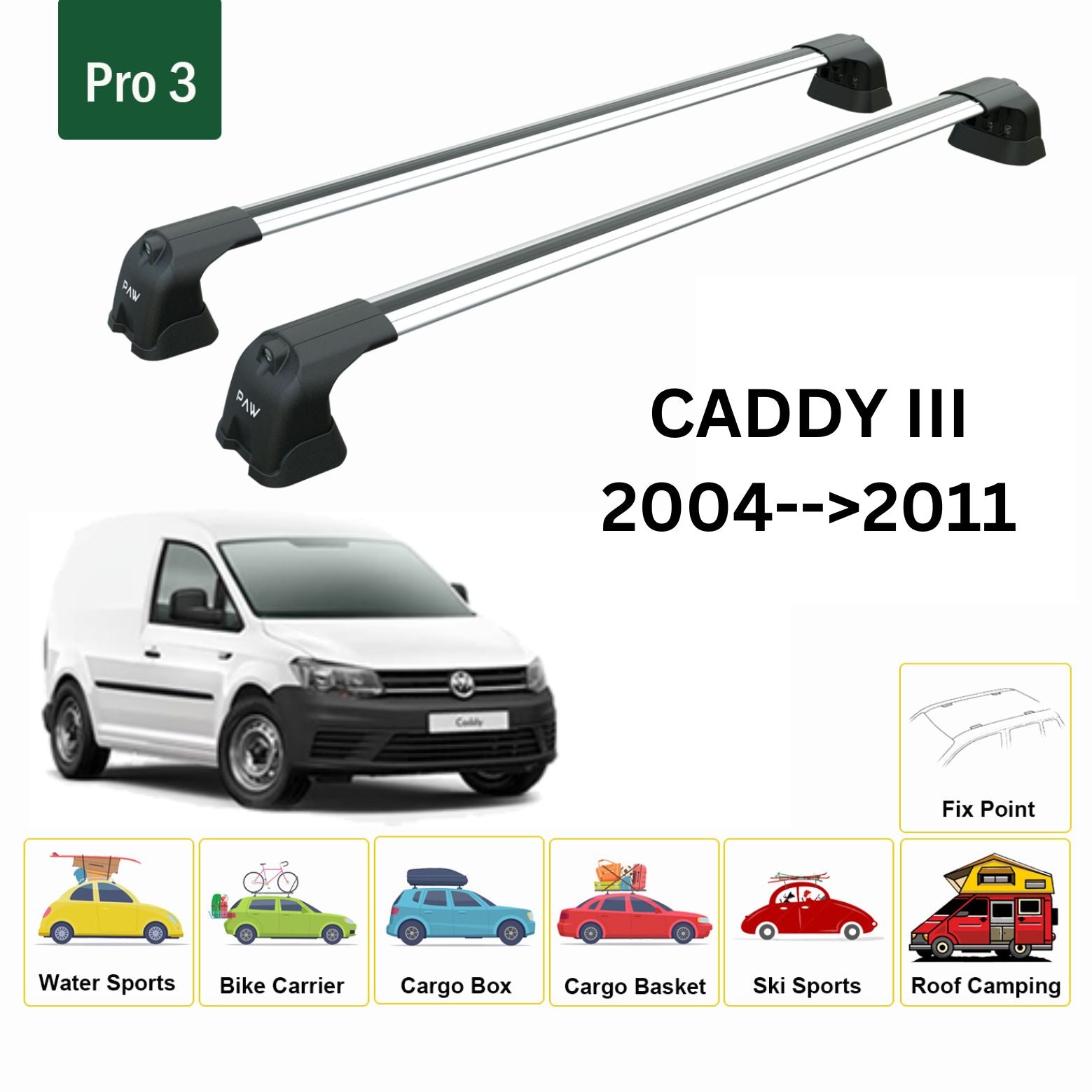 For Volkswagen Caddy III 2004-2011 Roof Rack Cross Bar Fix Point Silver - 0