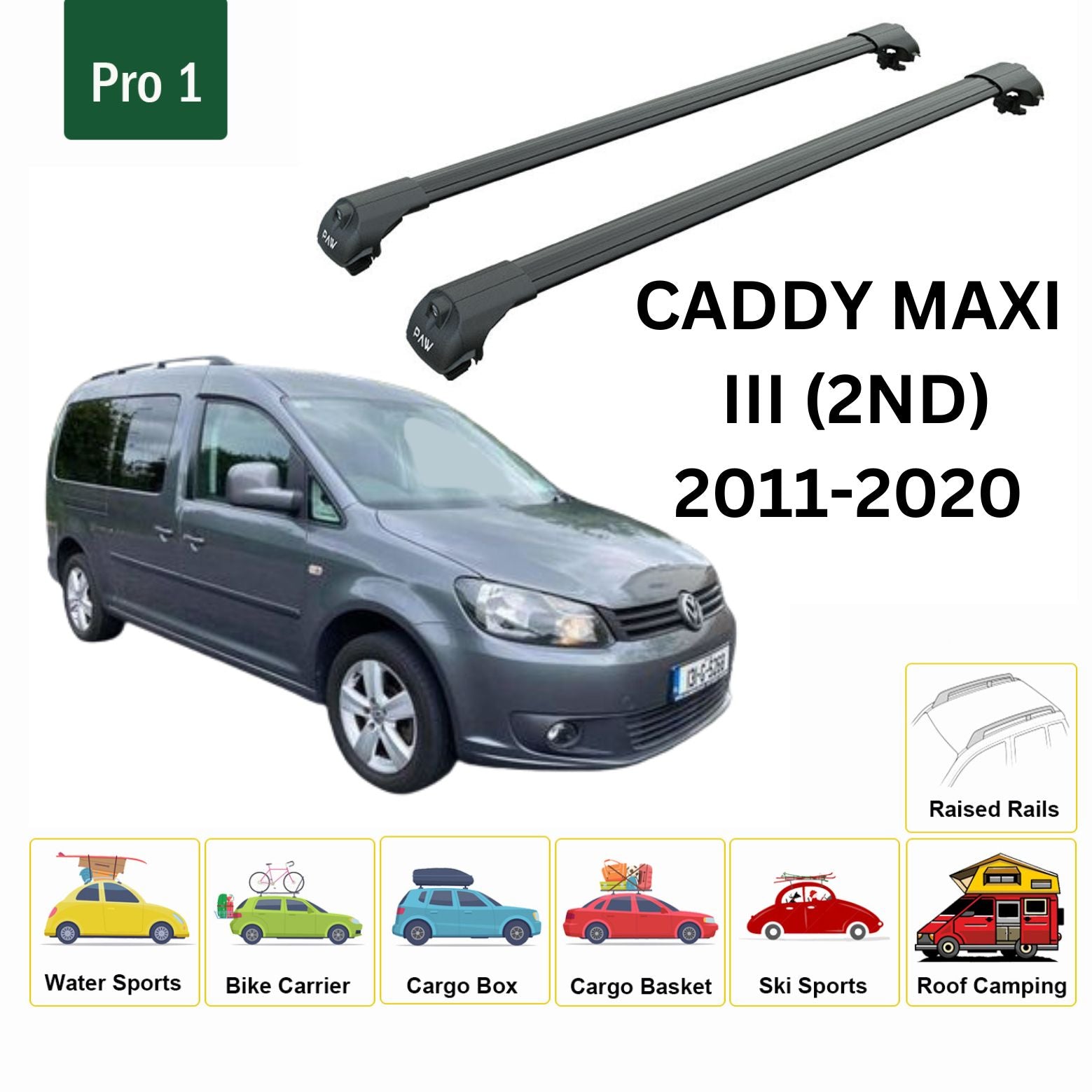 For Volkswagen Caddy III MAXI (2ND GEN) 2011-15 Roof Rack Cross Bar Metal Bracket Raised Rail Alu Black
