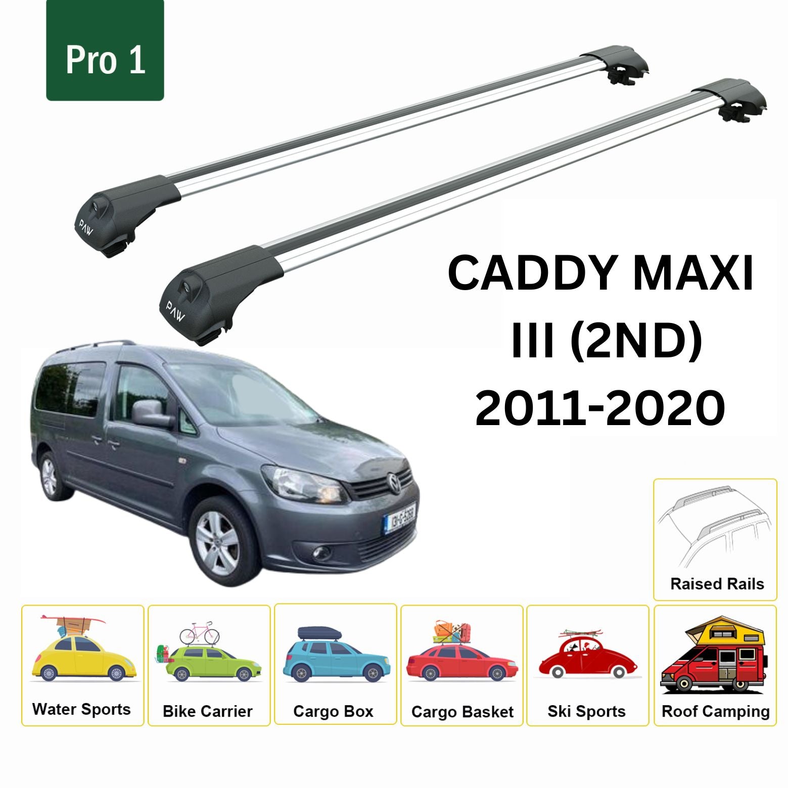 For Volkswagen Caddy III MAXI (2ND GEN) 2011-15 Roof Rack Cross Bar Raised Rail Alu Silver