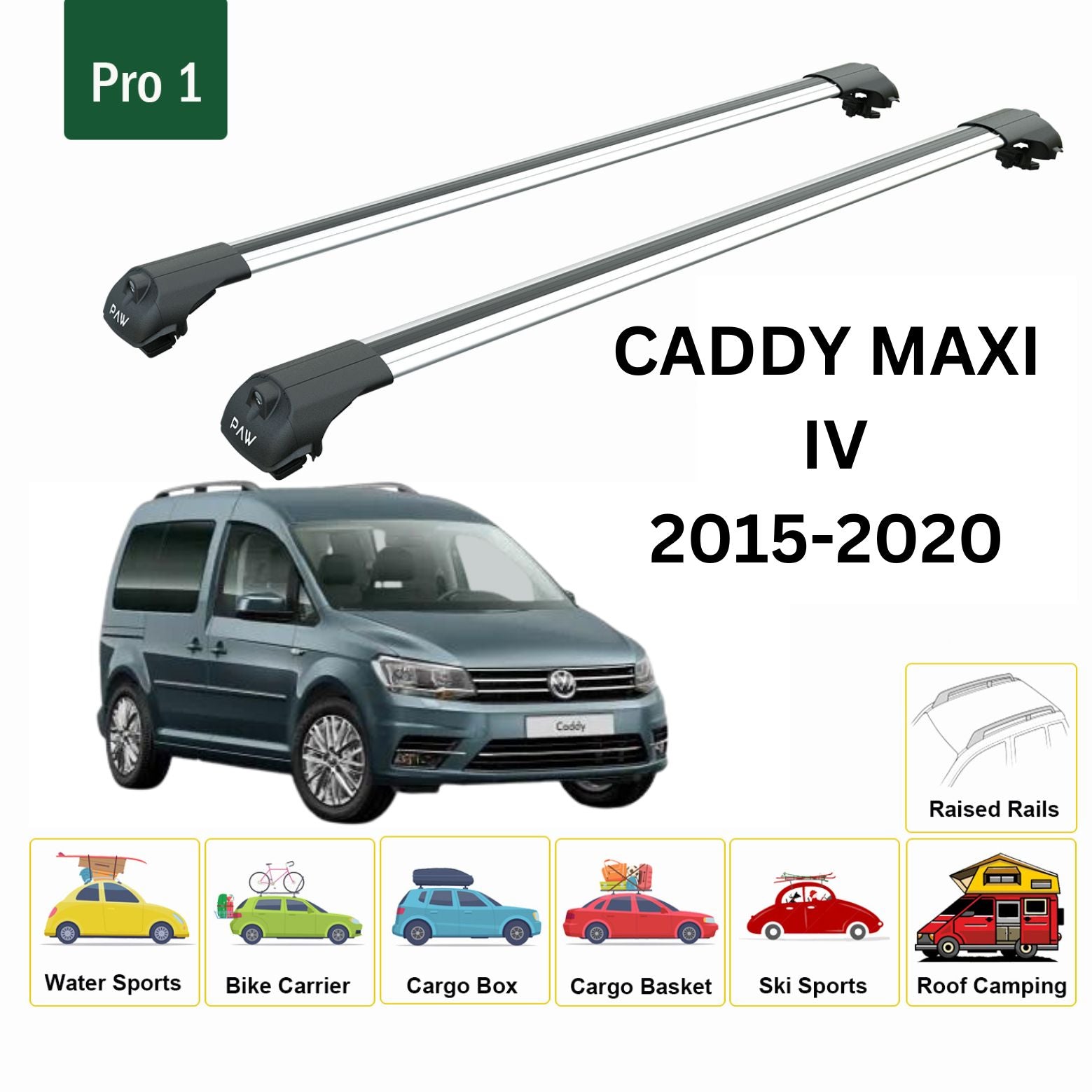 For Volkswagen Caddy IV MAXI 2015-20 Roof Rack Cross Bar Metal Bracket Raised Rail Alu Silver-2