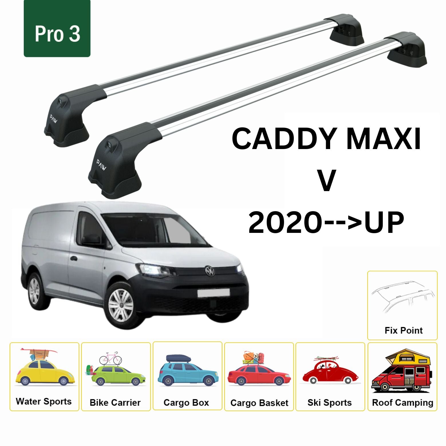 For Volkswagen Caddy V Maxi 2020-Up Roof Rack Cross Bar Metal Bracket Fix Point Alu Silver-2