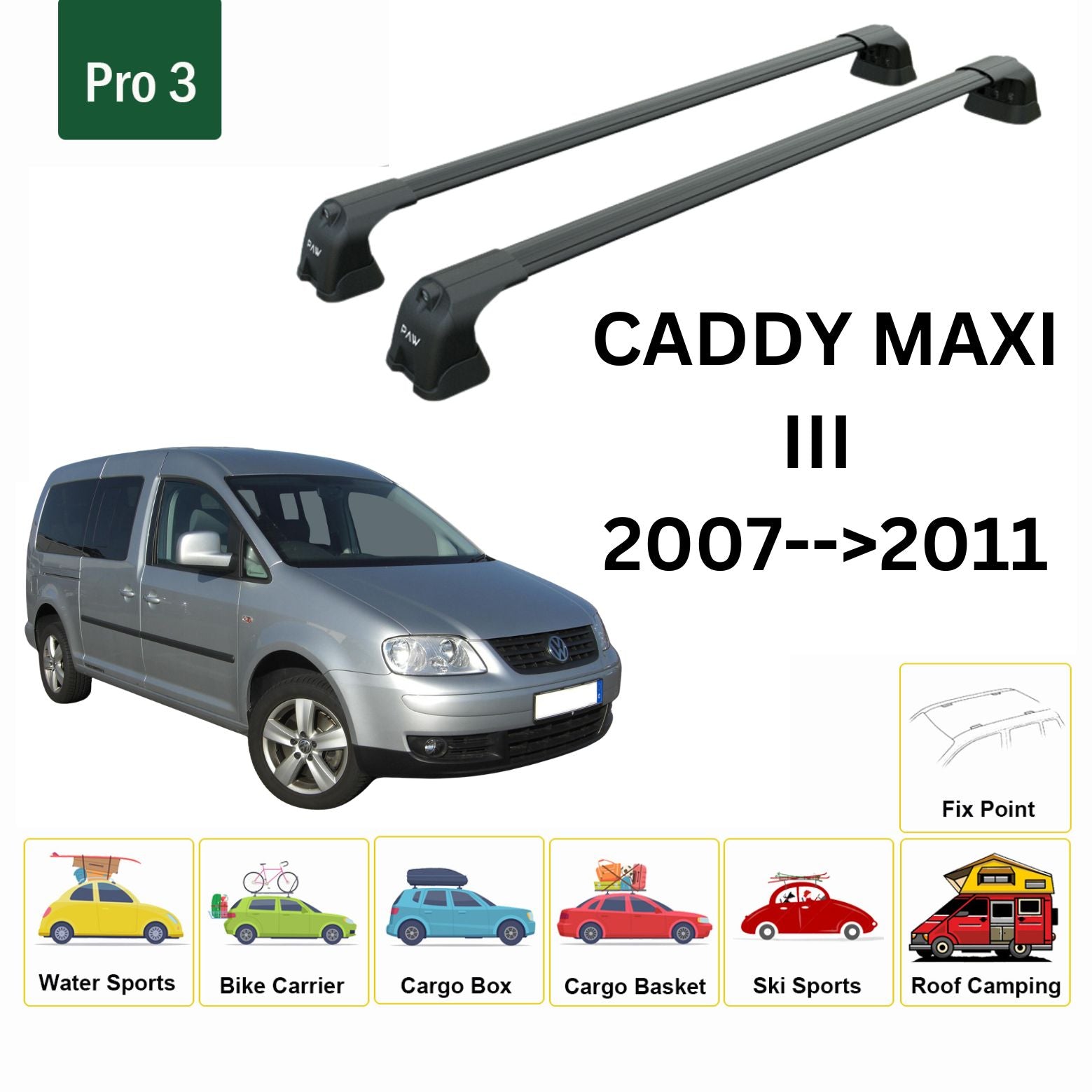 Für Volkswagen Caddy III Maxi (2NDGEN) 2011–15, Dachträger, Querträger, Metallhalterung, Fixpunkt, Alu, Schwarz - 0