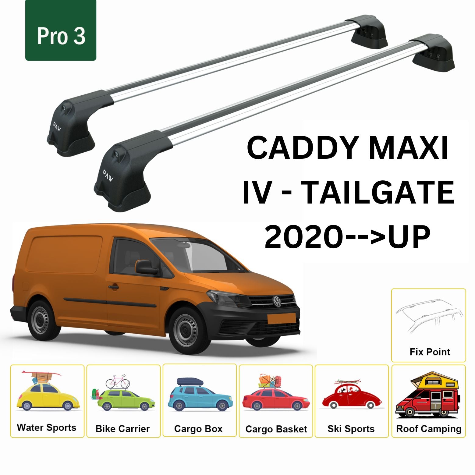 For Volkswagen Caddy IV Maxi 2015-20 Roof Rack Cross Bar Metal Bracket Fix Point Alu Silver