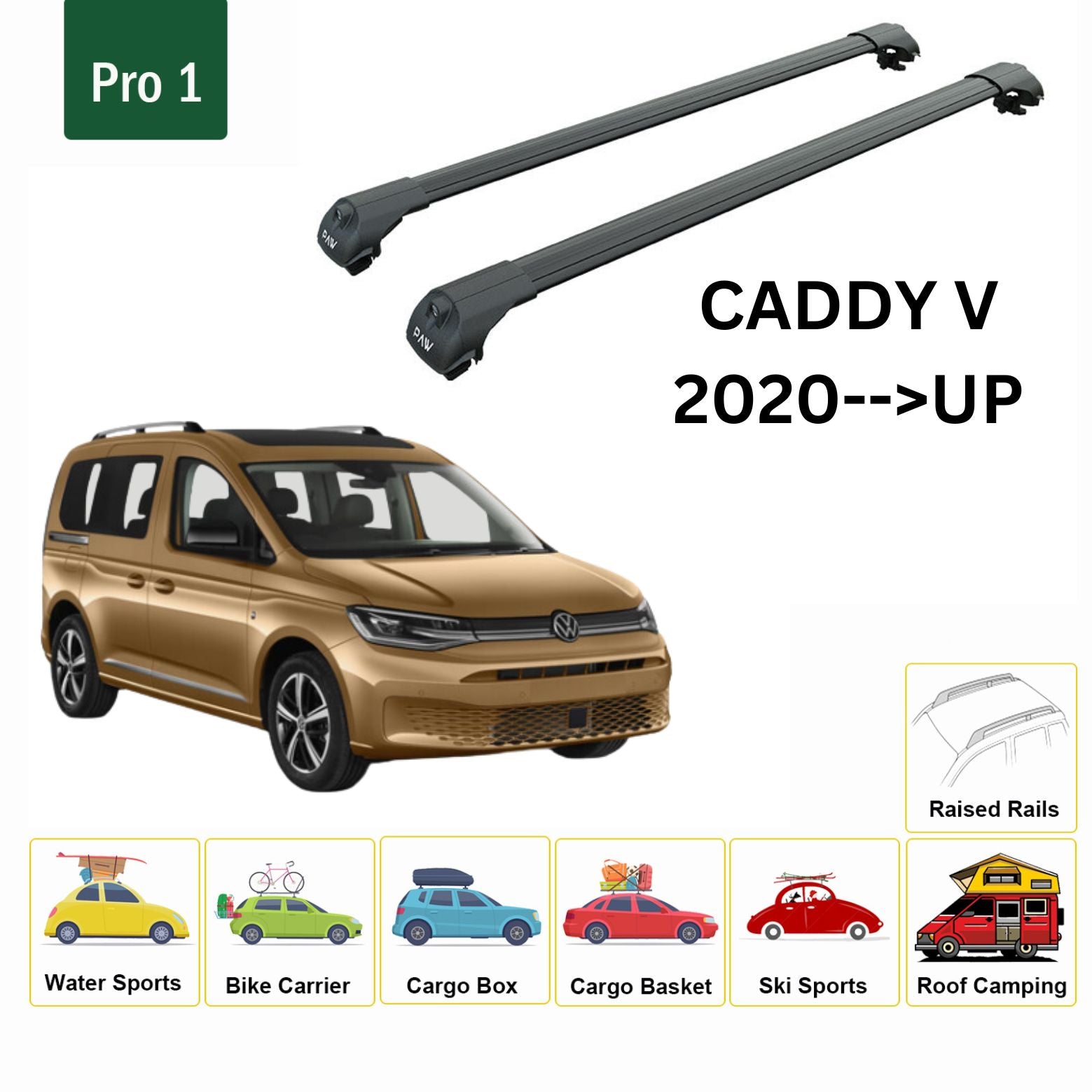 For Volkswagen Caddy V 2020-Up Roof Rack Cross Bar Metal Bracket Raised Rail Alu Black-2