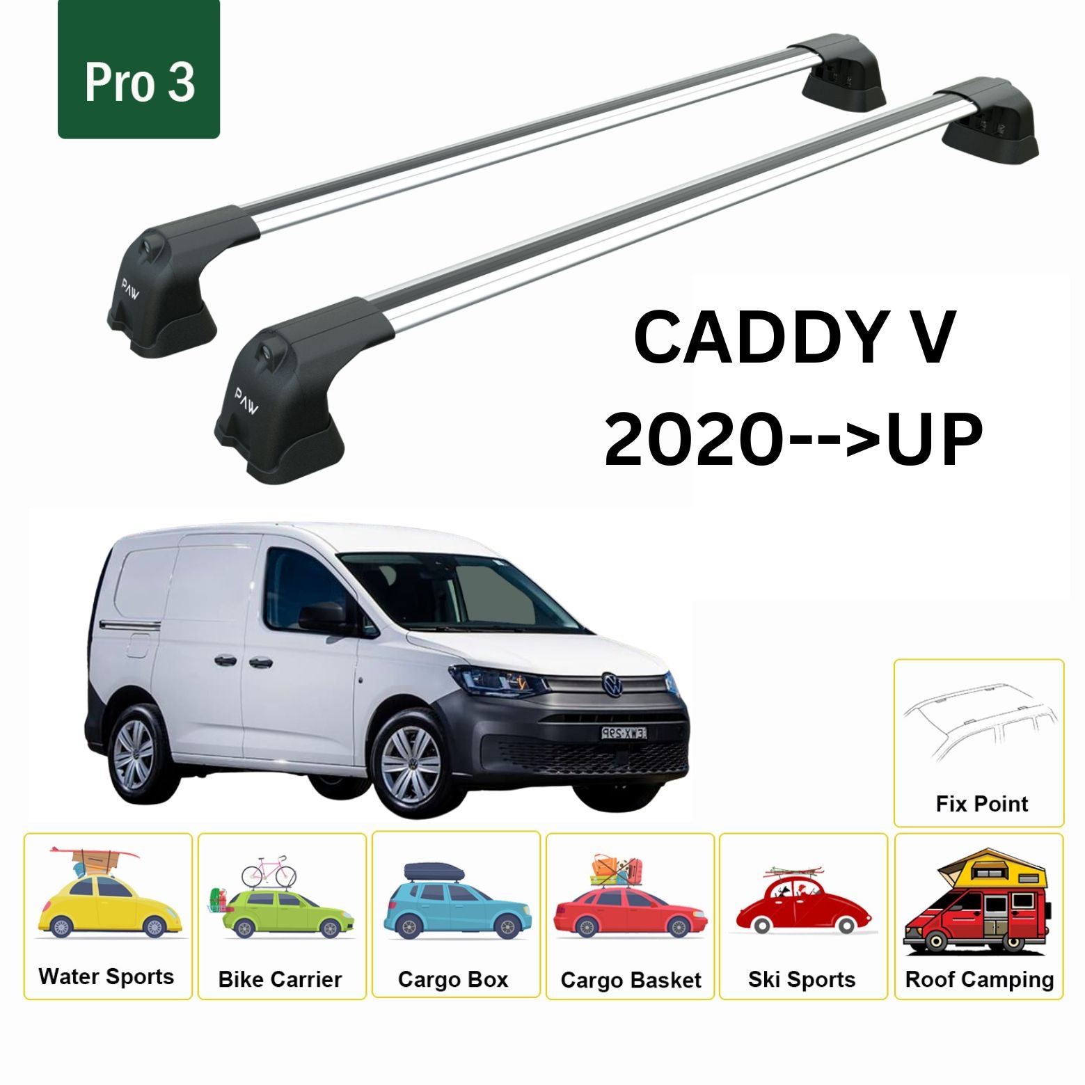 For Volkswagen Caddy V 2020-Up Roof Rack Cross Bar Fix Point Alu Silver - 0
