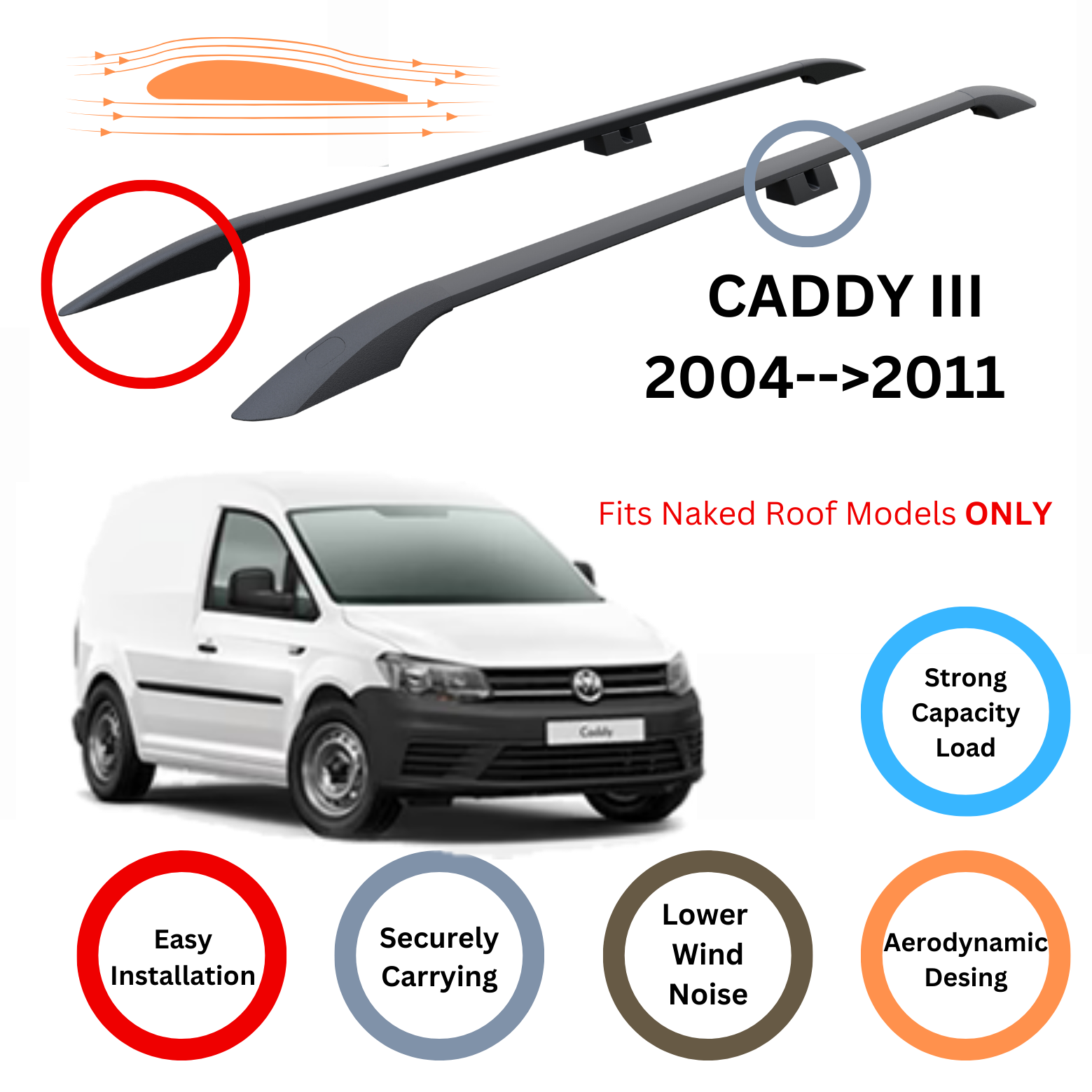 For Volkswagen Caddy III 2004-11 Roof Side Rails and Roof Rack Cross Bar Alu Black - 0