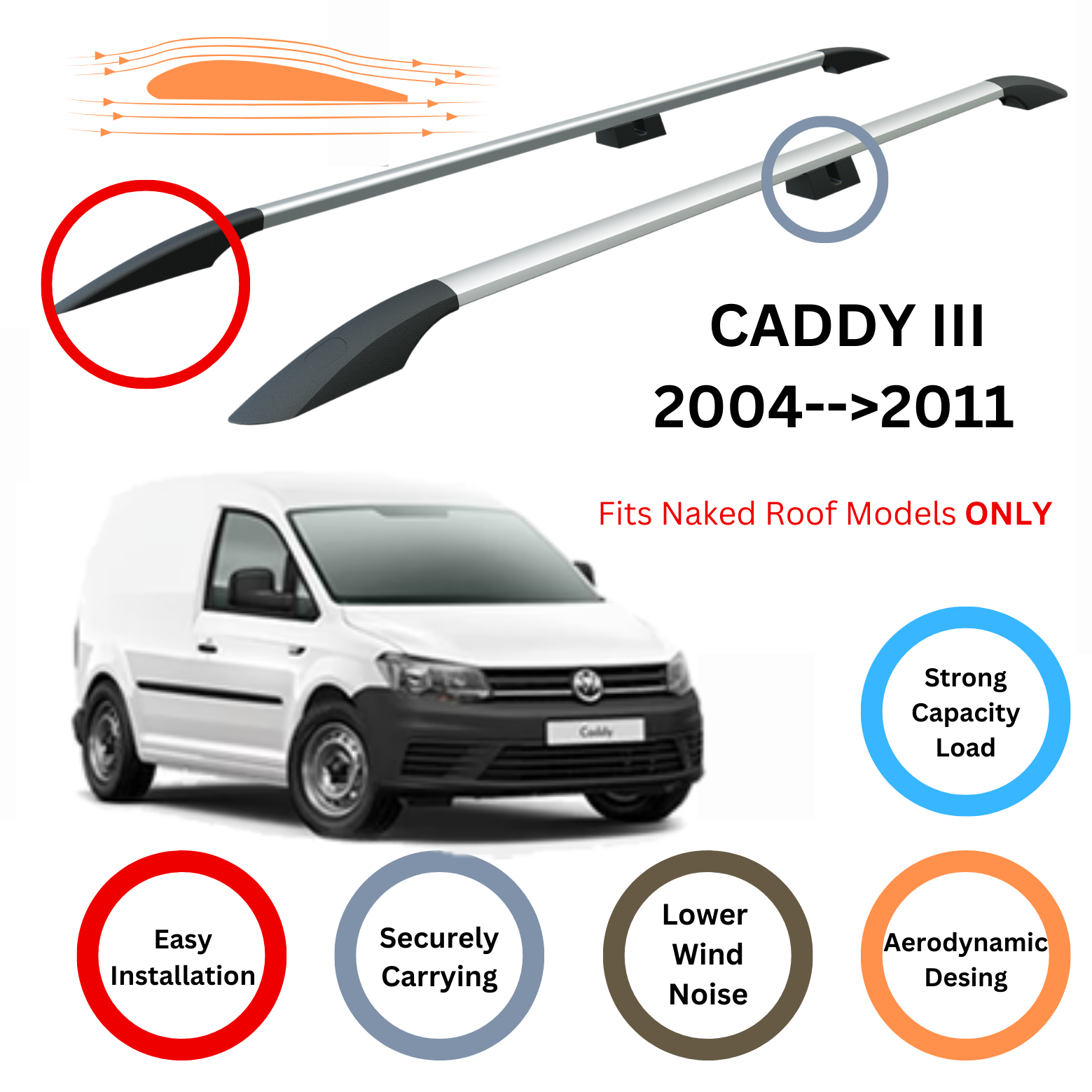 For Volkswagen Caddy III Maxi Roof Side Rails, Plus Silver 2003-2019