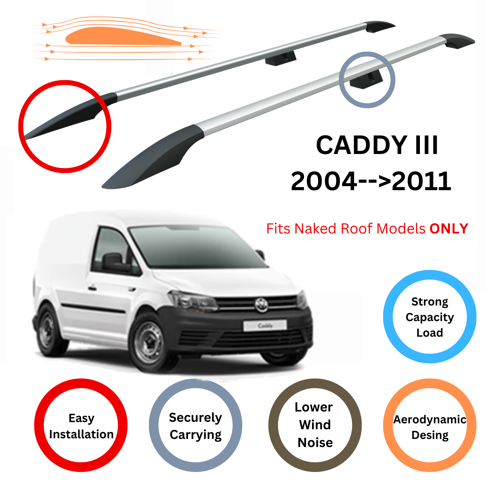 Für Volkswagen Caddy III 2004–11 Dachseitenreling und Dachträger-Querstange Alu Silber - 0