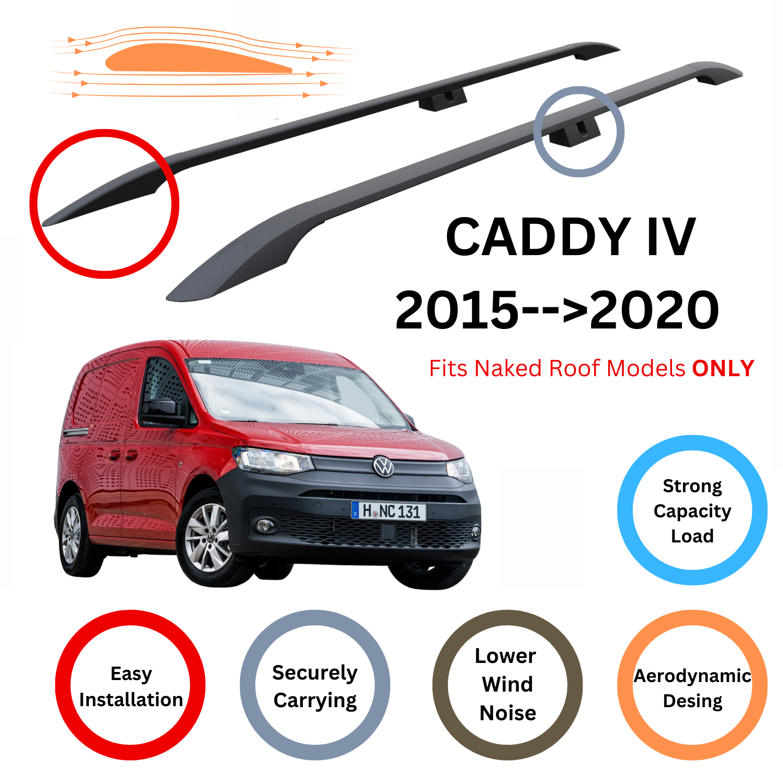 For Volkswagen Caddy IV 2015-20 Roof Side Rails and Roof Rack Cross Bar Alu Black - 0