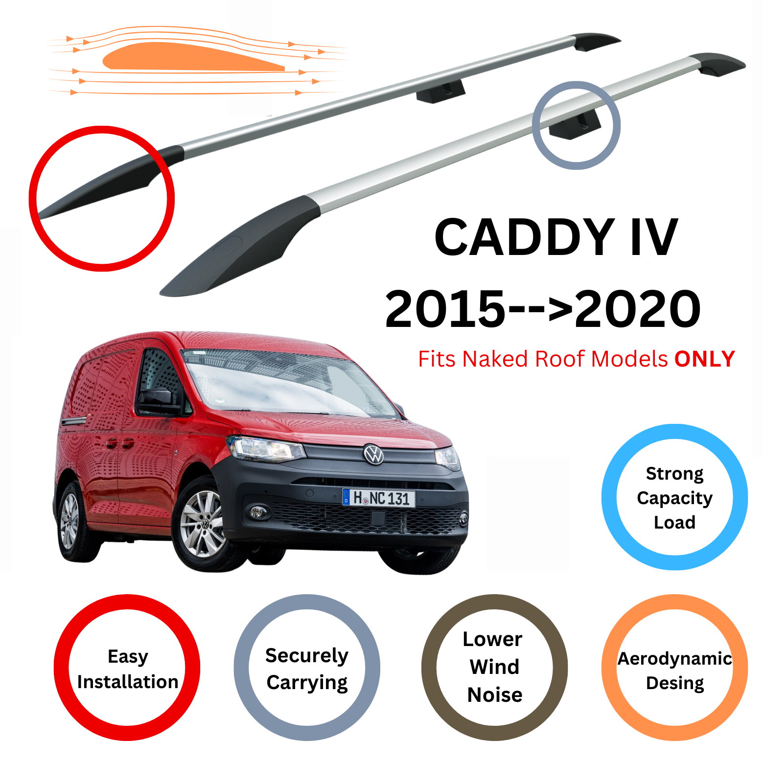 For Volkswagen Caddy IV 2015-20 Roof Side Rails and Roof Rack Cross Bar Alu Silver - 0