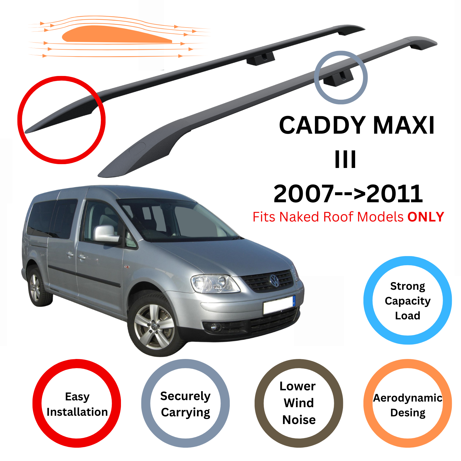 For Volkswagen Caddy Maxi III 2007-11 Roof Side Rails and Roof Rack Cross Bar Alu Black - 0