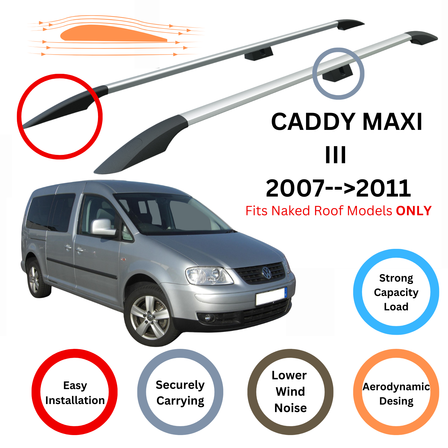 Für Volkswagen Caddy Maxi III 2007–11 Dachseitenreling und Dachträger-Querstange Alu Silber
