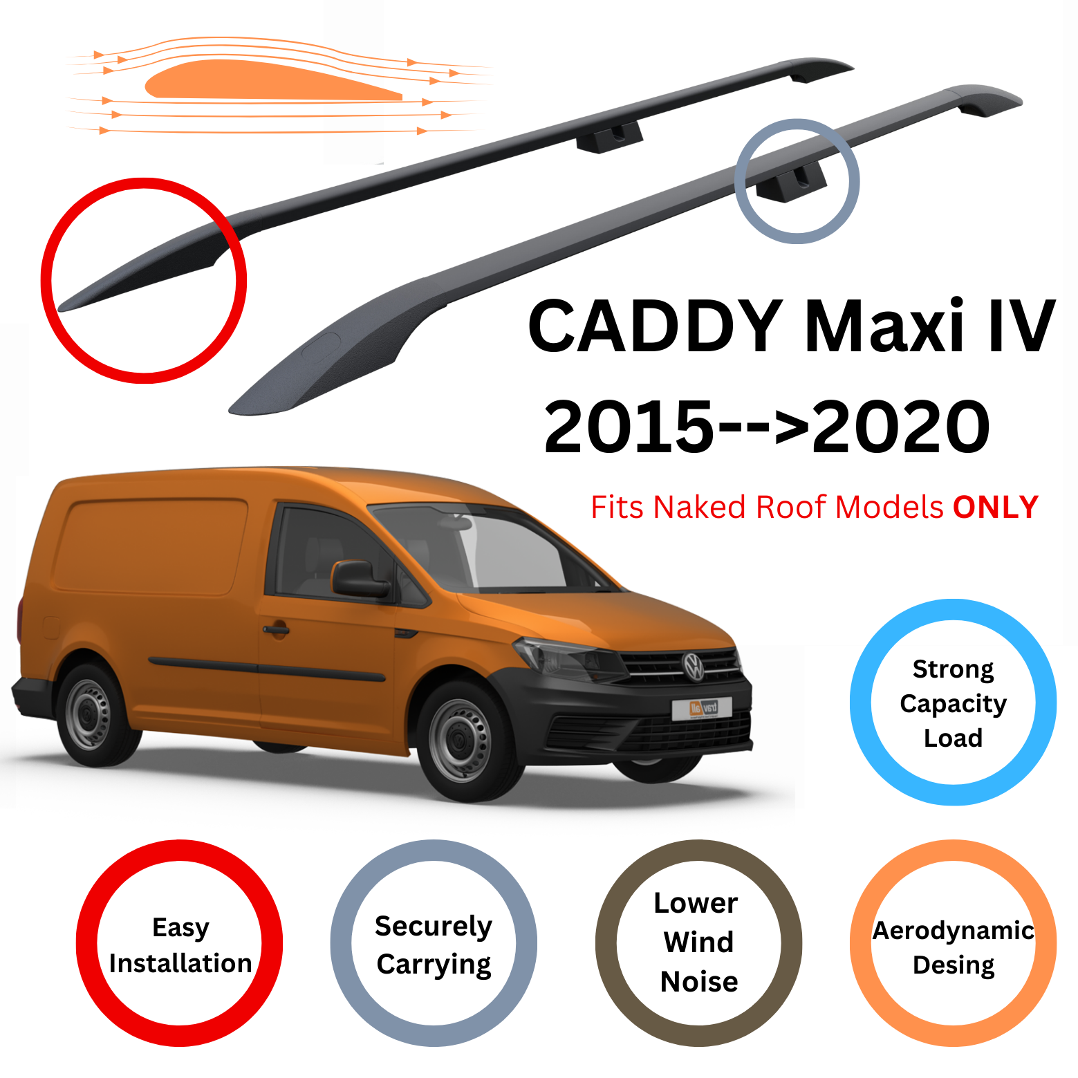Für Volkswagen Caddy Maxi IV 2015–20 Dachseitenreling und Dachträger-Querstange Alu Schwarz