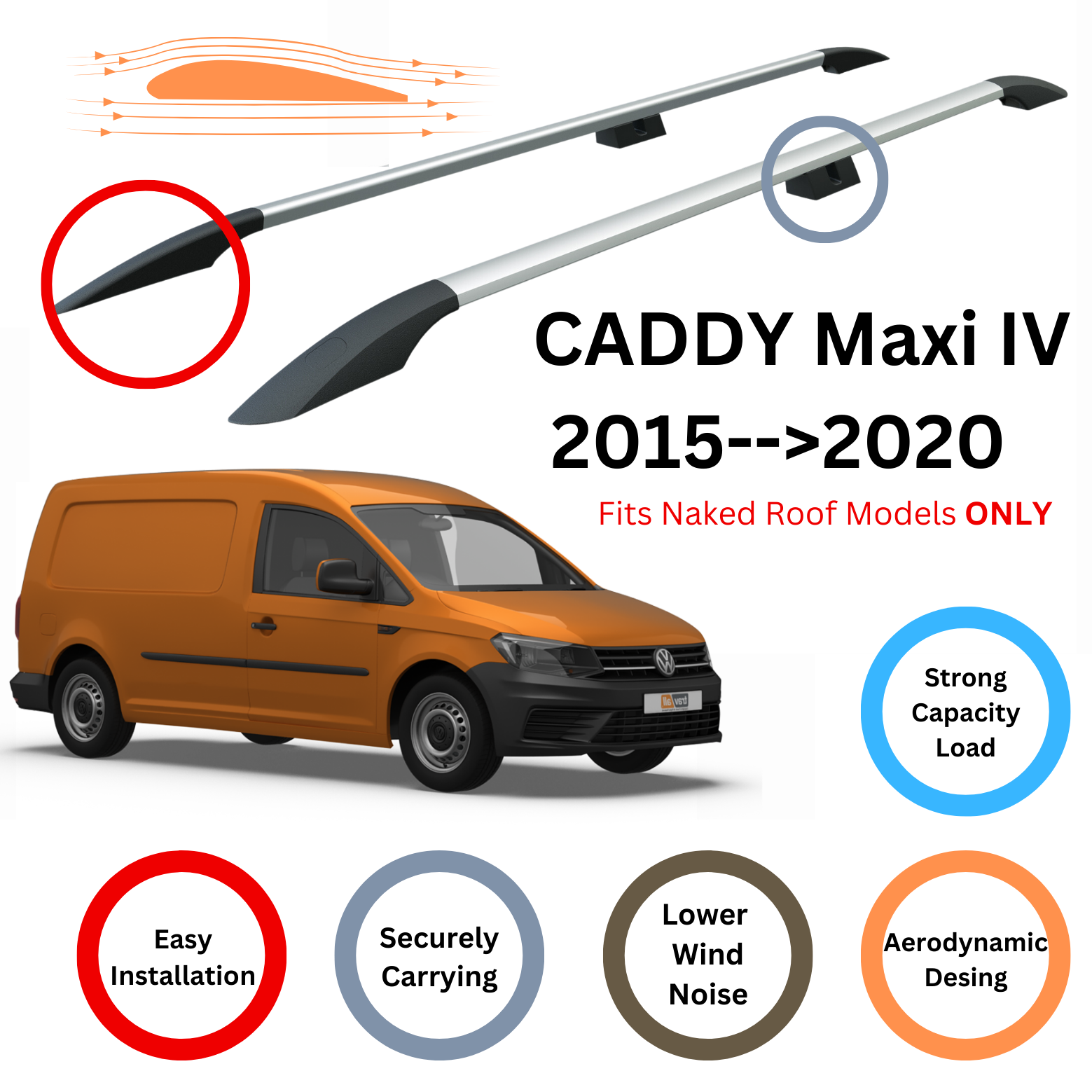 Für Volkswagen Caddy Maxi IV 2015–20 Dachseitenreling und Dachträger-Querstange Alu Silber - 0