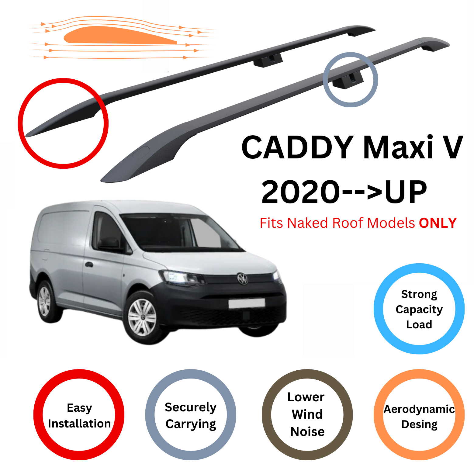 For Volkswagen Caddy Maxi V 2020-Up Roof Side Rails and Roof Rack Cross Bar Alu Black - 0
