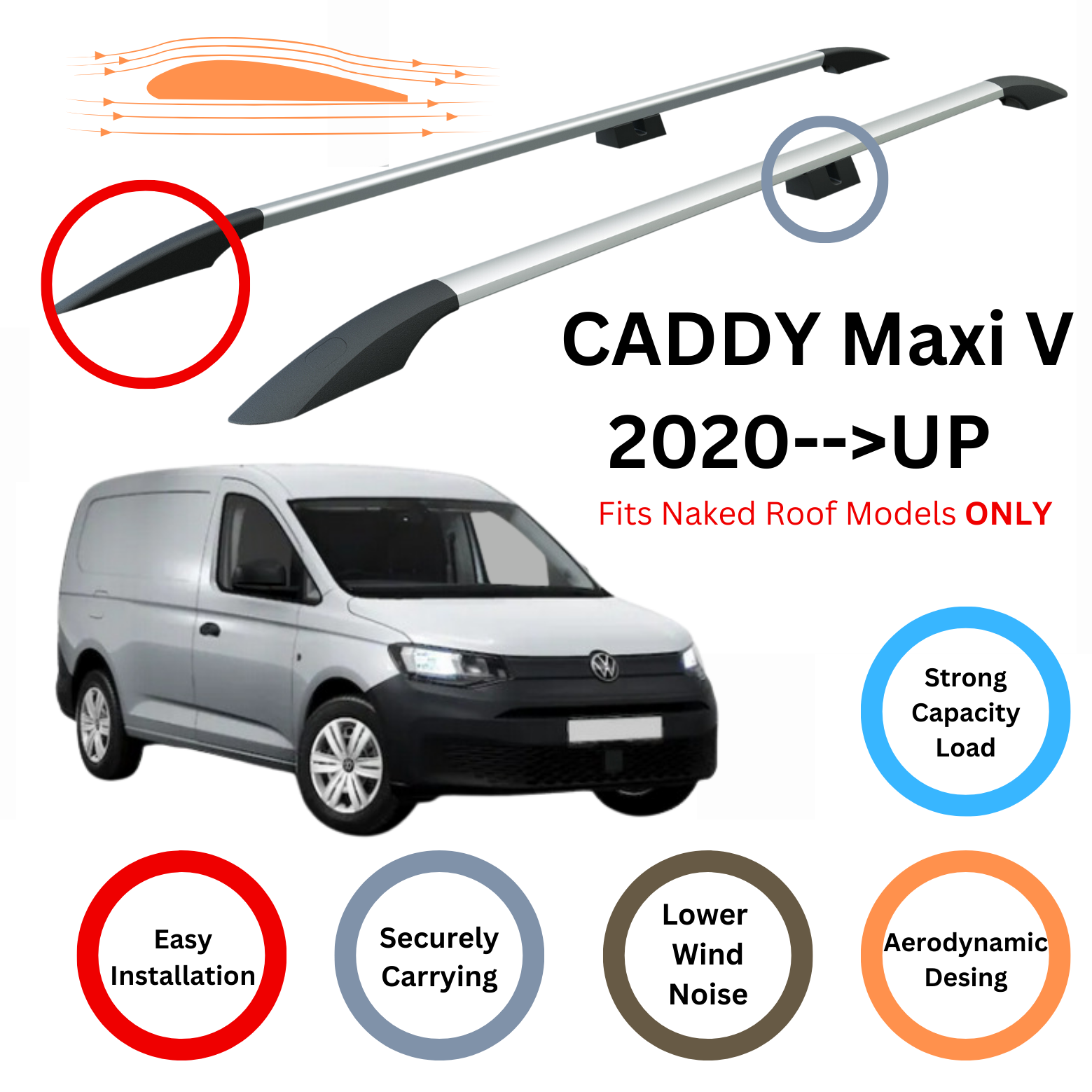 For Volkswagen Caddy V Maxi Roof Rails and Roof Rack Cross Bars Plus Silver 2020- Up - 0