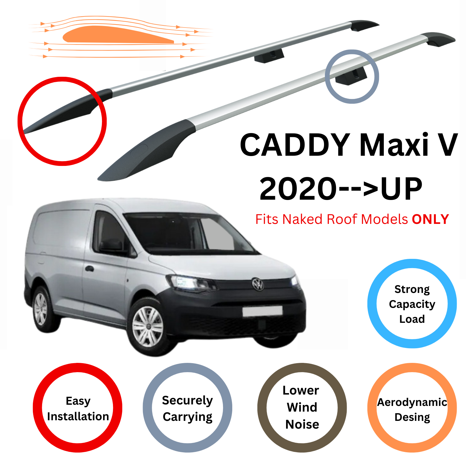 For Volkswagen Caddy Maxi V 2020-Up Roof Side Rails and Roof Rack Cross Bar Alu Silver - 0