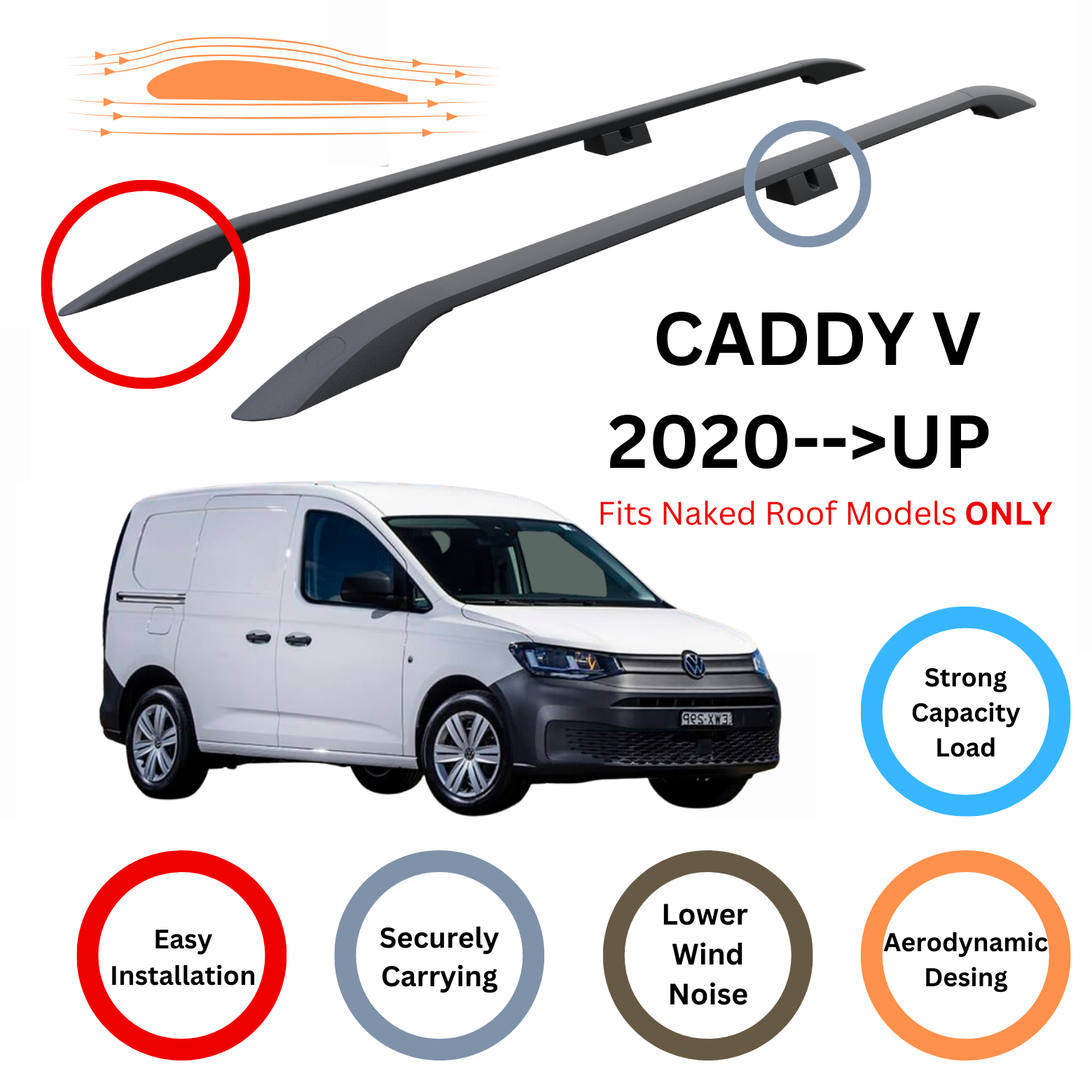 Für Volkswagen Caddy V 2020-Up Dachseitenschienen und Dachträger-Querstange Alu Schwarz - 0