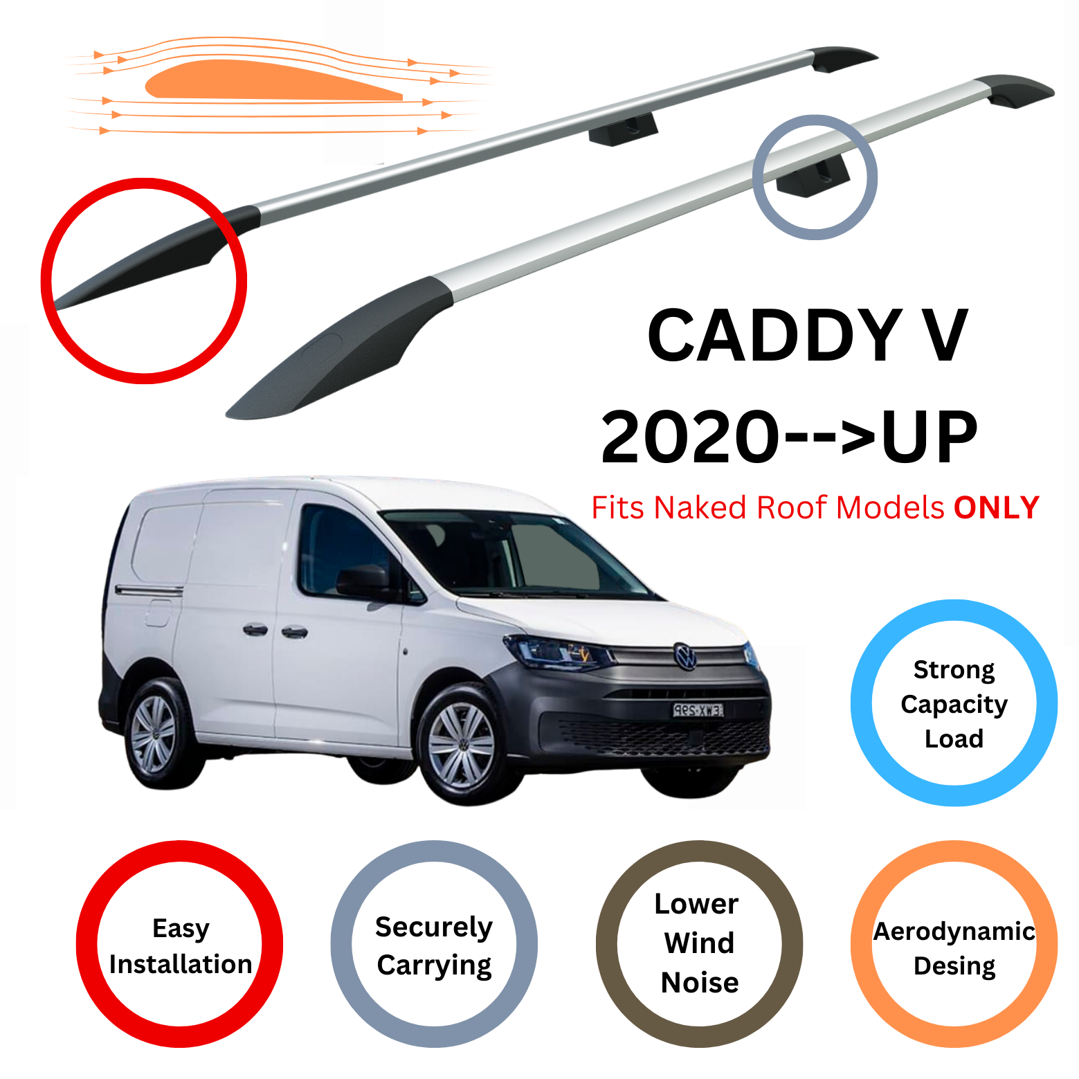 Für Volkswagen Caddy V 2020-UpUp Dachseitenschienen und Dachträger-Querstange Alu Silber