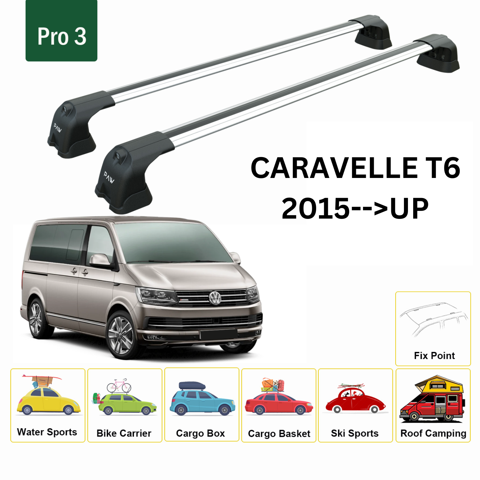 For Volkswagen Caravelle T6 2015-Up Roof Rack Cross Bars Metal Bracket Fix Point Alu Silver