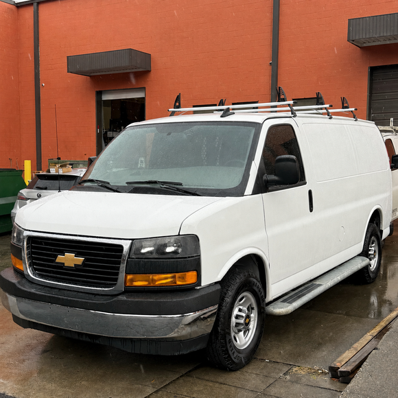 Chevrolet Express Van 1996-Up Van Roof Rack Cross Bars - 3Qty T-Slot Aluminum Bars (Silver), Rain Gutter Mount, No Drilling, 4 Load Stops, for Work & Recreation