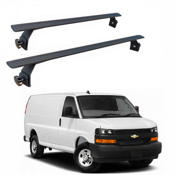Chevrolet Express Van 1996-Up Van Roof Rack Cross Bars - 2Qty T-Slot Aluminum Bars (Black), Rain Gutter Mount, No Drilling, 4 Load Stops, for Work & Recreation