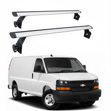 Chevrolet Express Van 1996-Up Van Roof Rack Cross Bars - 2Qty T-Slot Aluminum Bars (Silver), Rain Gutter Mount, No Drilling, 4 Load Stops, for Work & Recreation