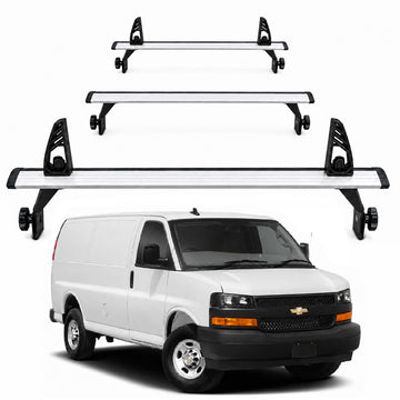 Chevrolet Express Van 1996-Up Van Roof Rack Cross Bars - 3Qty T-Slot Aluminum Bars (Silver), Rain Gutter Mount, No Drilling, 4 Load Stops, for Work & Recreation