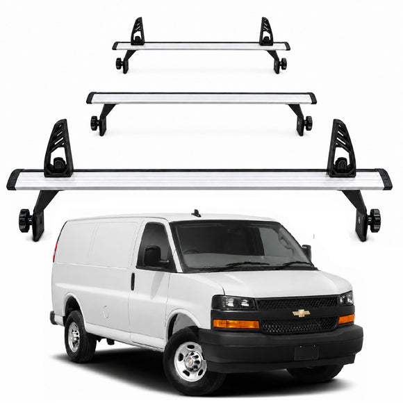 Chevrolet Express Van 1996-Up Van Roof Rack Cross Bars - 3Qty T-Slot Aluminum Bars (Silver), Rain Gutter Mount, No Drilling, 4 Load Stops, for Work & Recreation
