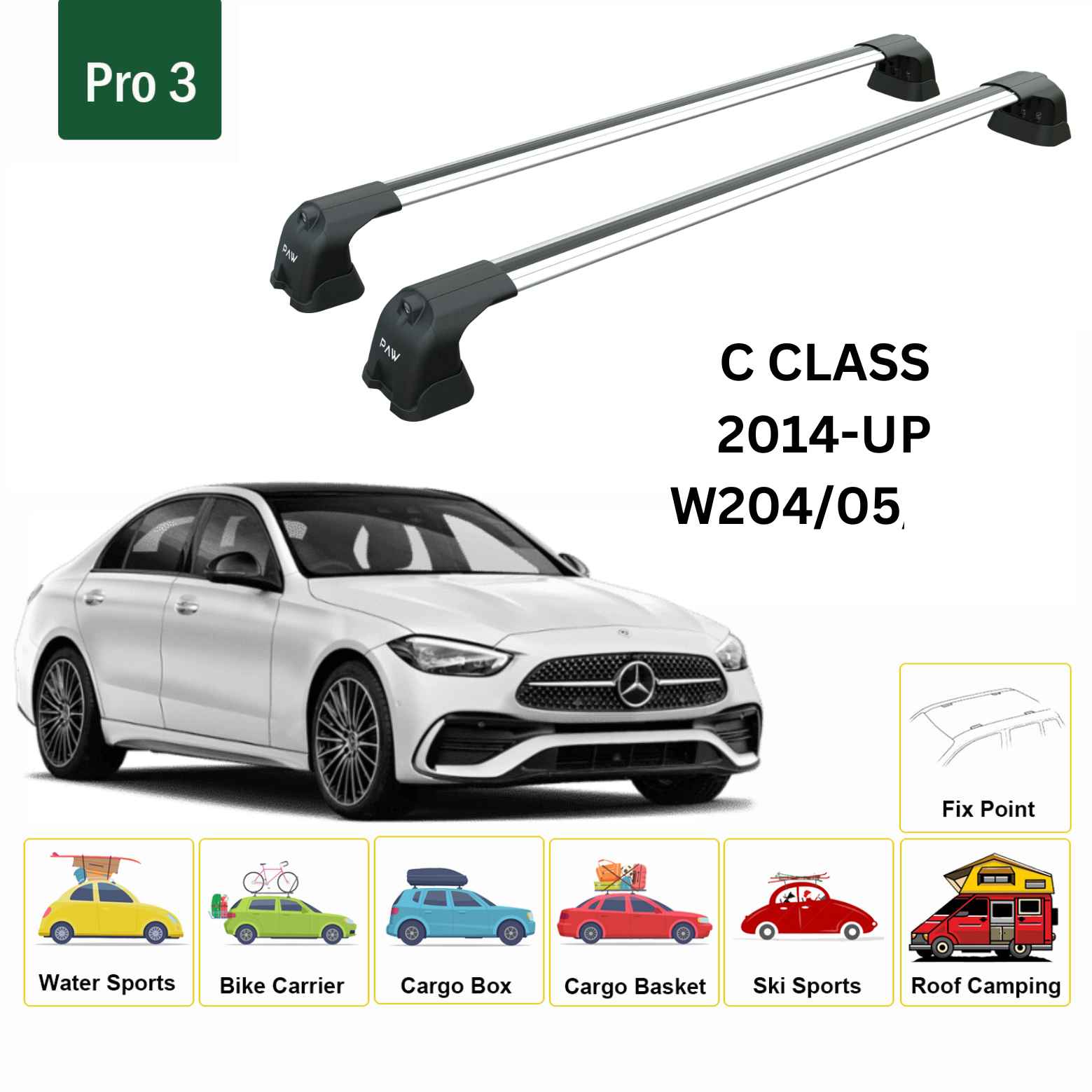 For Mercedes Benz C W204/05 2014-22 Roof Rack Cross Bars Fix Point Alu Silver - 0