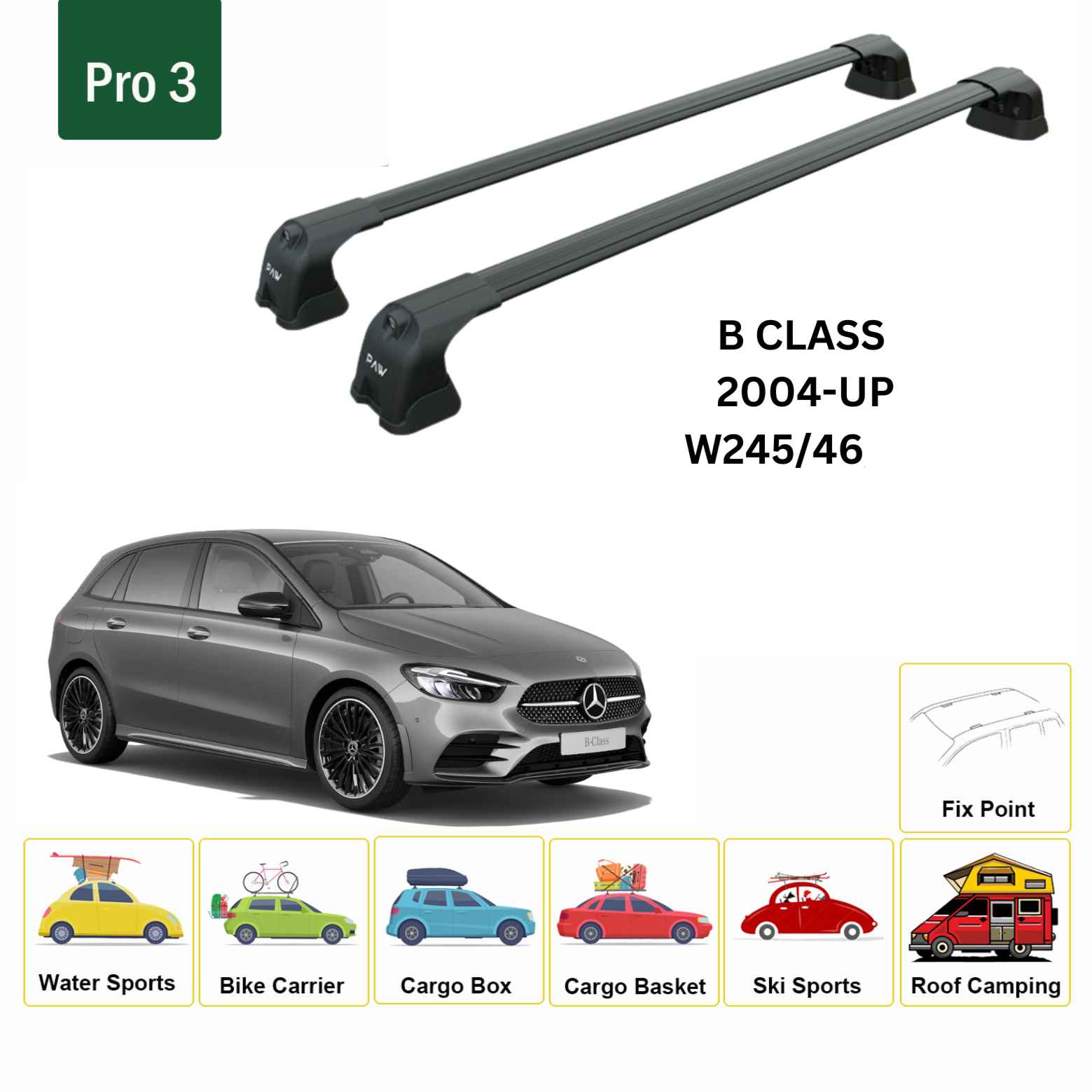 For Mercedes Benz B W245/46 2004-2018 Roof Rack Cross Bars Fix Point Alu Black