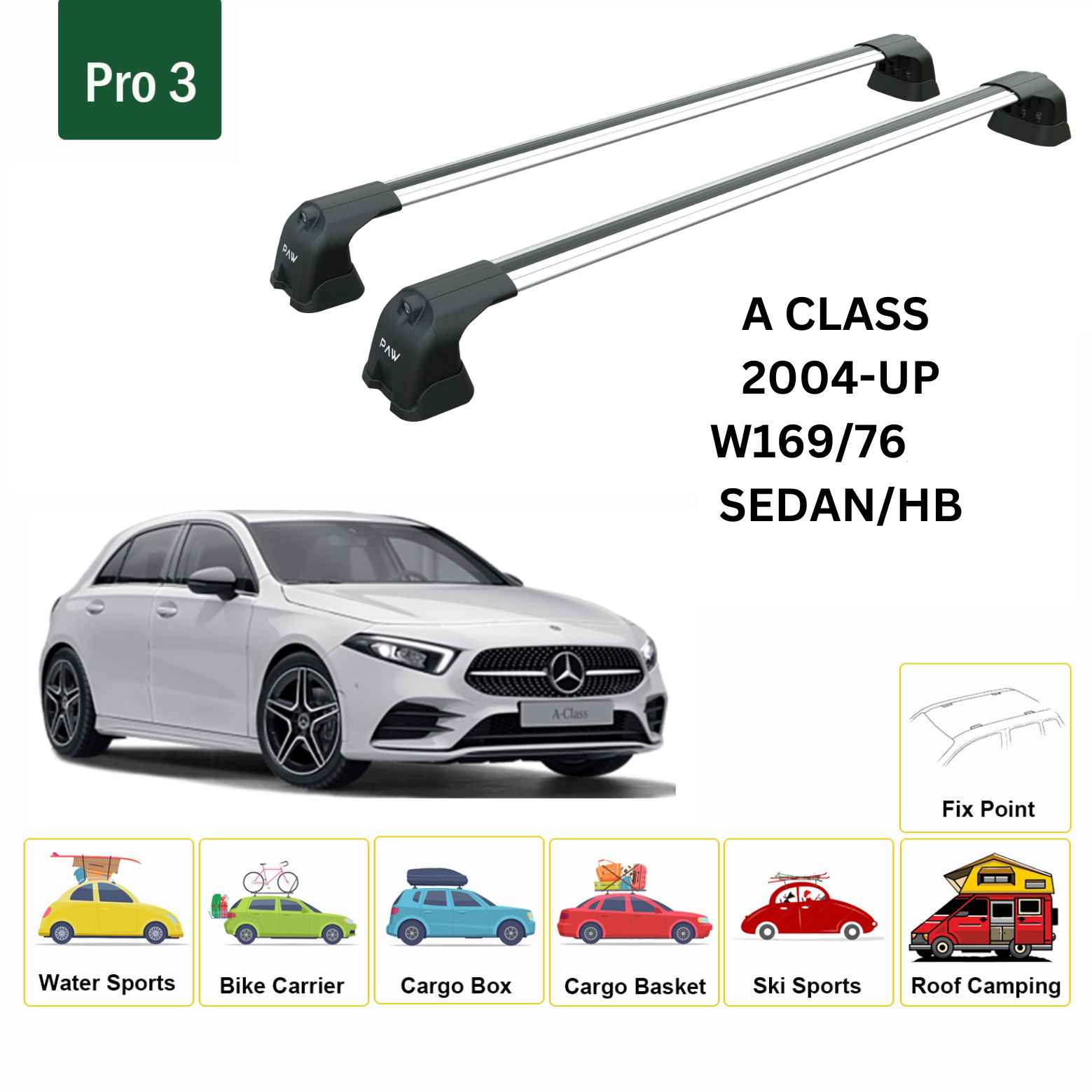 For Mercedes Benz A W169/176 2004-2018 Roof Rack Cross Bars Fix Point Alu Silver - 0