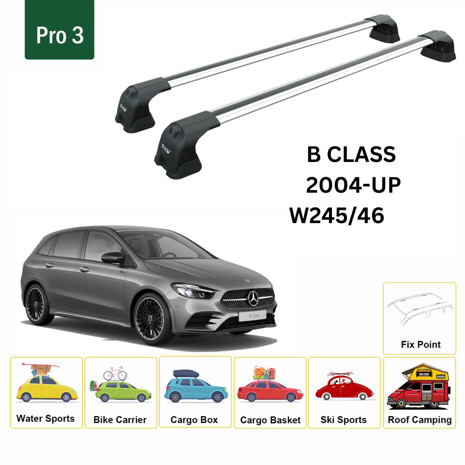 For Mercedes Benz B W245/46 2004-2018 Roof Rack Cross Bars Fix Point Alu Silver - 0