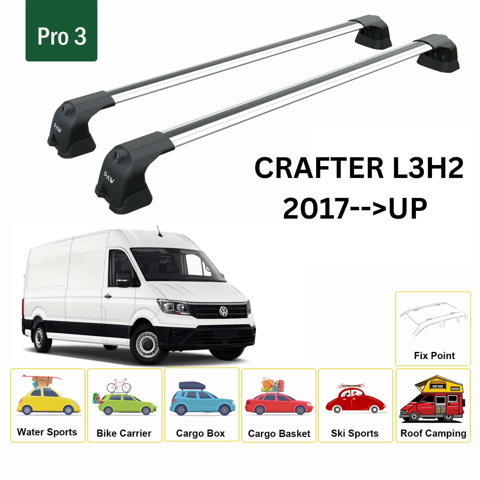 For Volkswagen Crafter L3H2 2017-Up  Roof Rack Cross Bar Fix Point Alu Silver