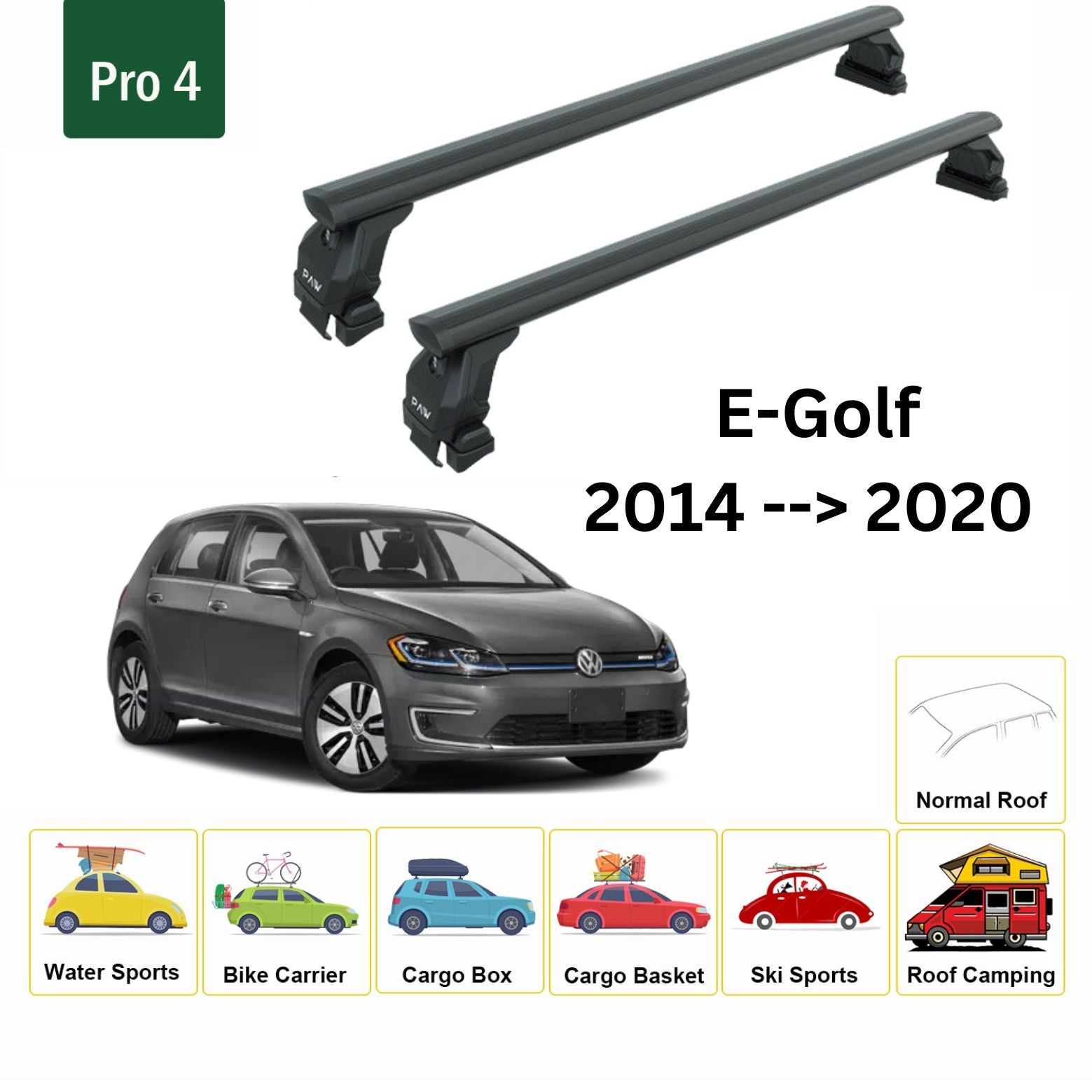 Für Volkswagen E-Golf 2014–20, Dachträger, Querträger, Metallhalterung, normales Dach, Alu, Schwarz