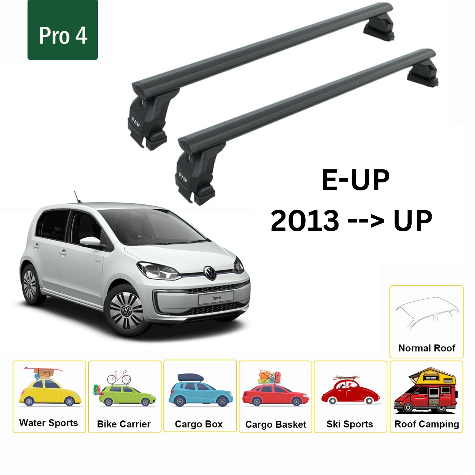 For Volkswagen E-UP 2013-Up Roof Rack Cross Bar Normal Roof Alu Black