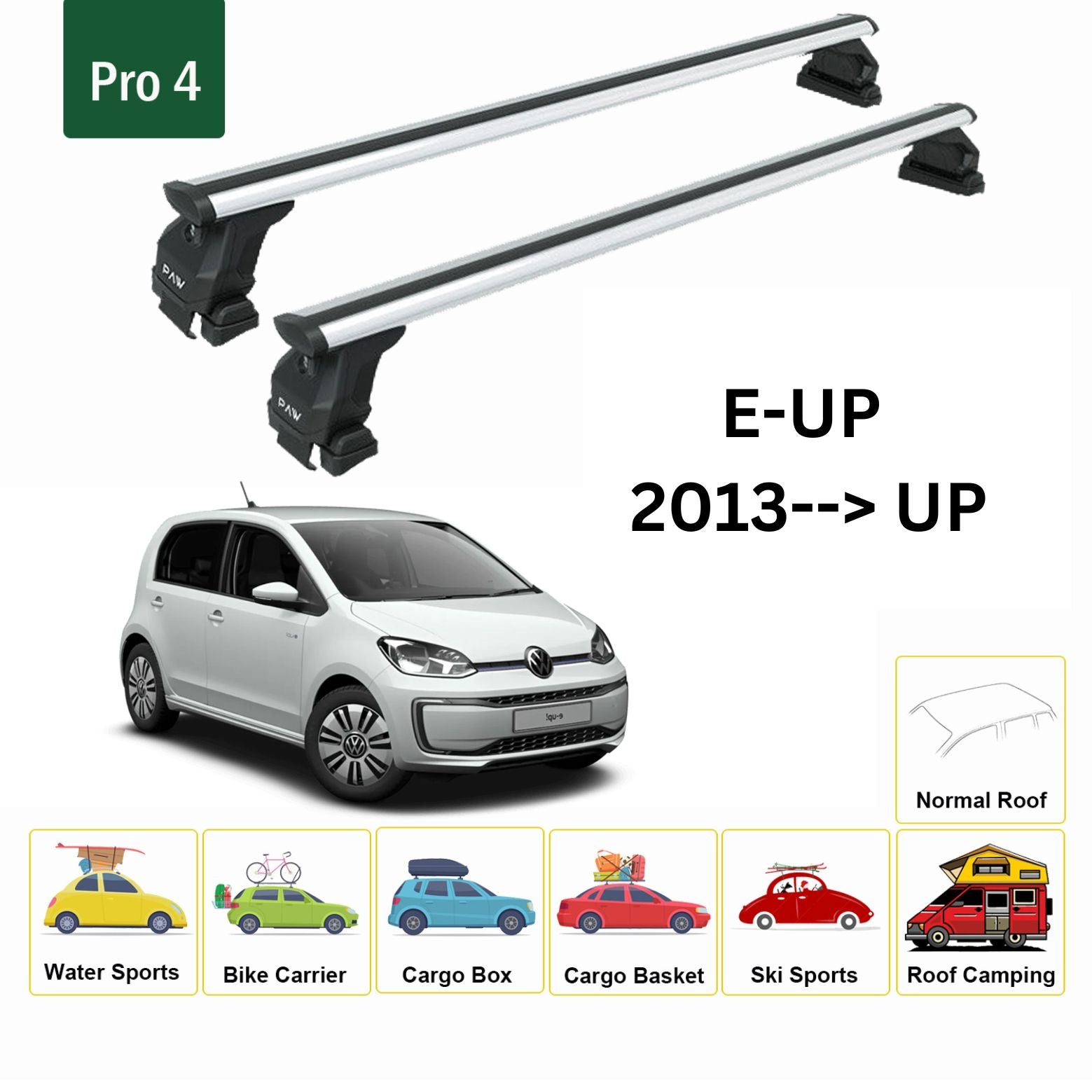 Für Volkswagen E-UP 2013-Up Dachträger Querstange Metallhalterung Normales Dach Alu Silber