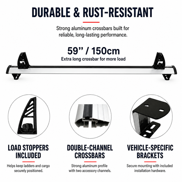 Nissan NV Cargo Ladder Rack – 2 Aluminum Cross Bars, Silver | NV1500 NV2500 NV3500 2012–2021