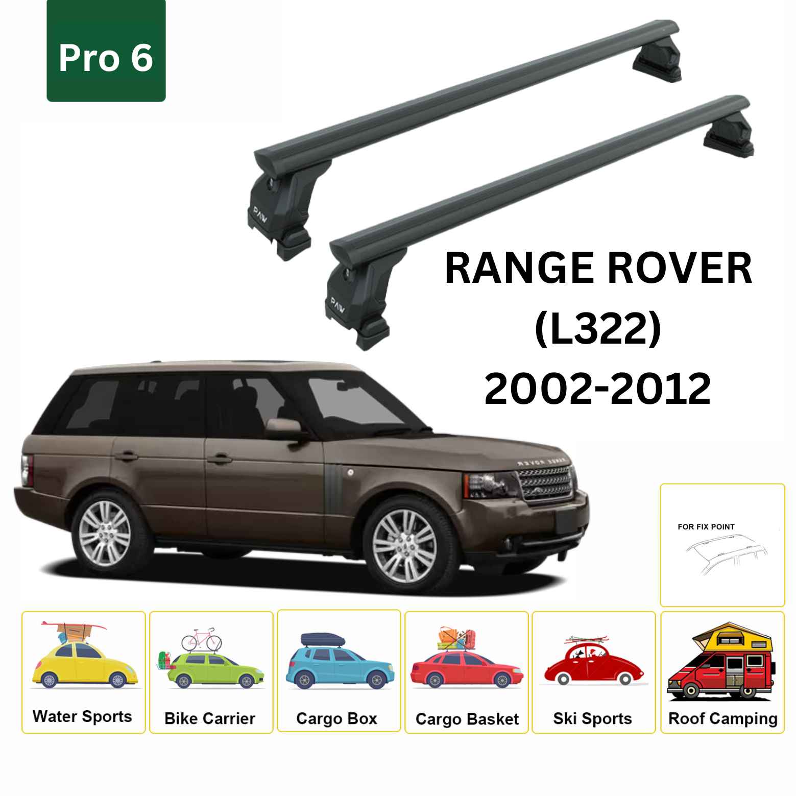 For Land Rover Range Rover (L322) 2002-12 Cross Bars Fix Point Pro 6 Alu Black - 0
