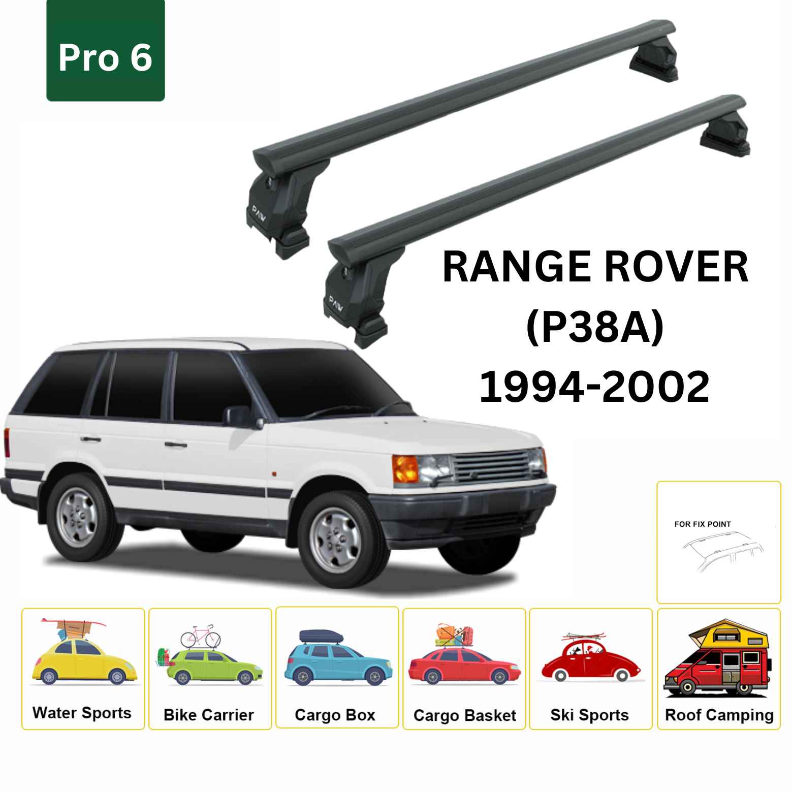For Land Rover Range Rover (P38A) 1994-02 Cross Bars Fix Point Pro 6 Alu Black