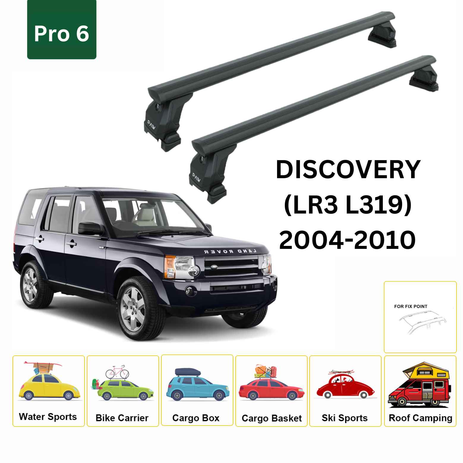 For Land Rover Discovery LR3 2004-10 Roof Rack Cross Bars Fix Pro 6 Alu Black - 0