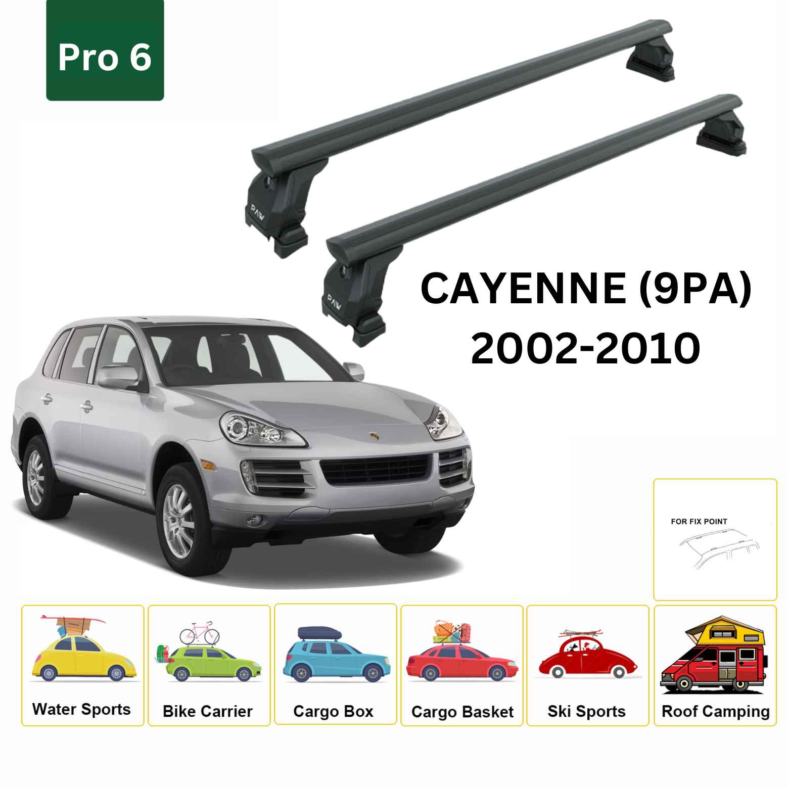 For Porsche Cayenne (9PA) 2002-10 Roof Rack Cross Bars Fix Point Pro 6 Alu Black