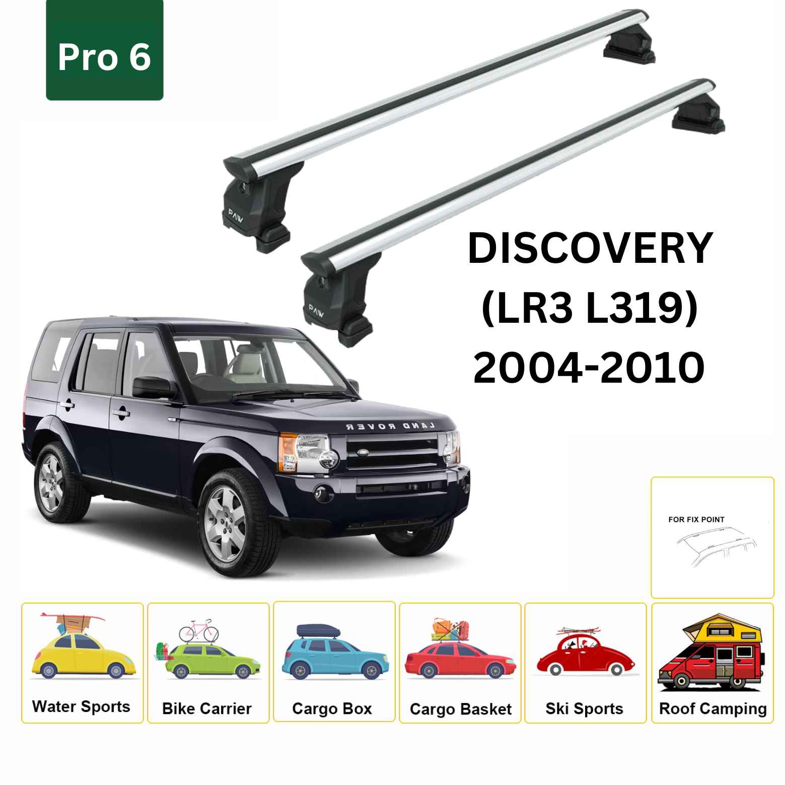 For Land Rover Discovery LR3 2004-10 Roof Rack Cross Bars Fix Pro 6 Alu Silver - 0