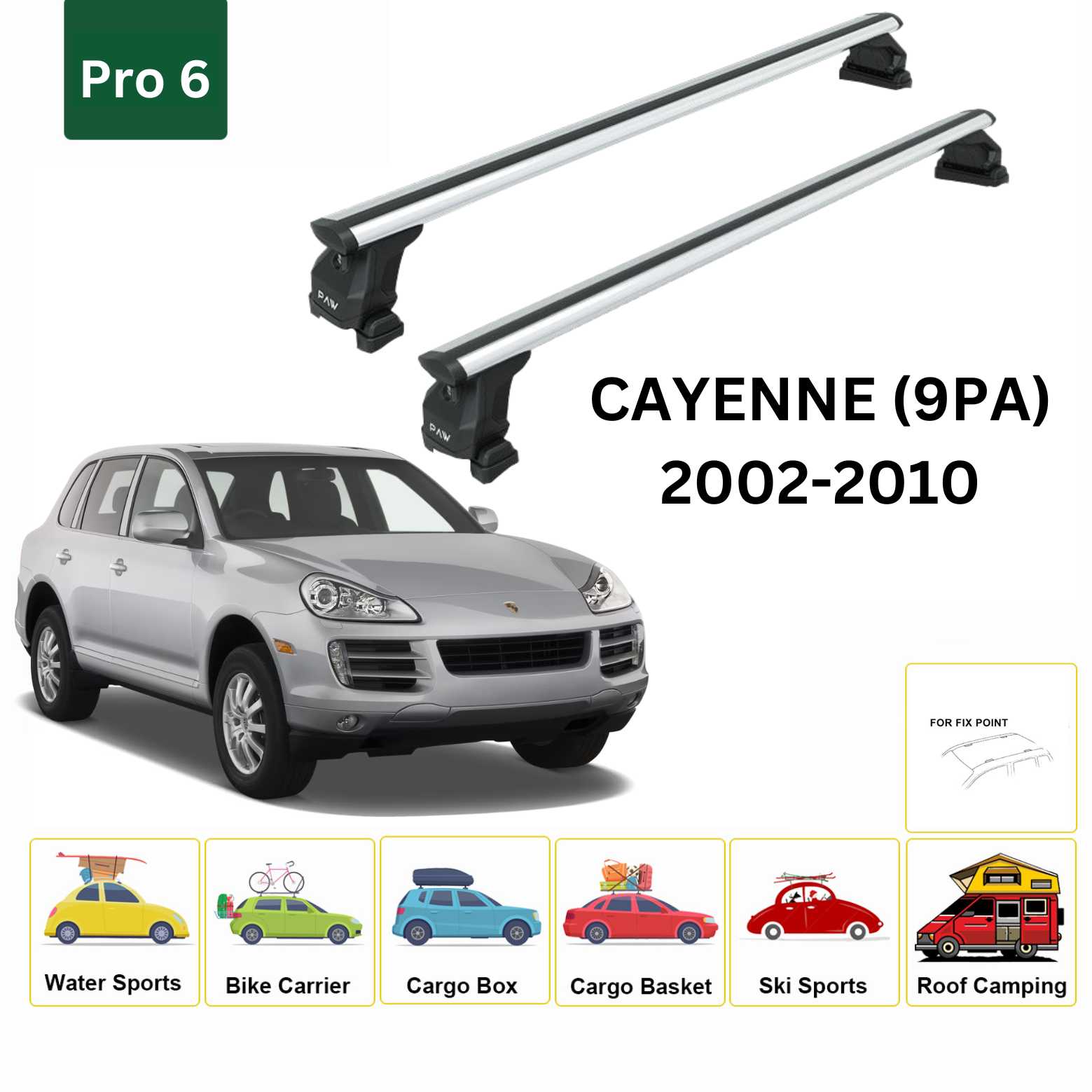 For Porsche Cayenne (9PA) 2002-10 Roof Rack Cross Bars Fix Point Pro 6 Alu Silver