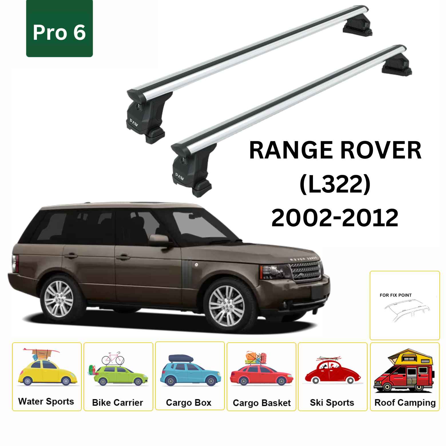 For Land Rover Range Rover (L322) 2002-12 Cross Bars Fix Point Pro 6 Alu Silver